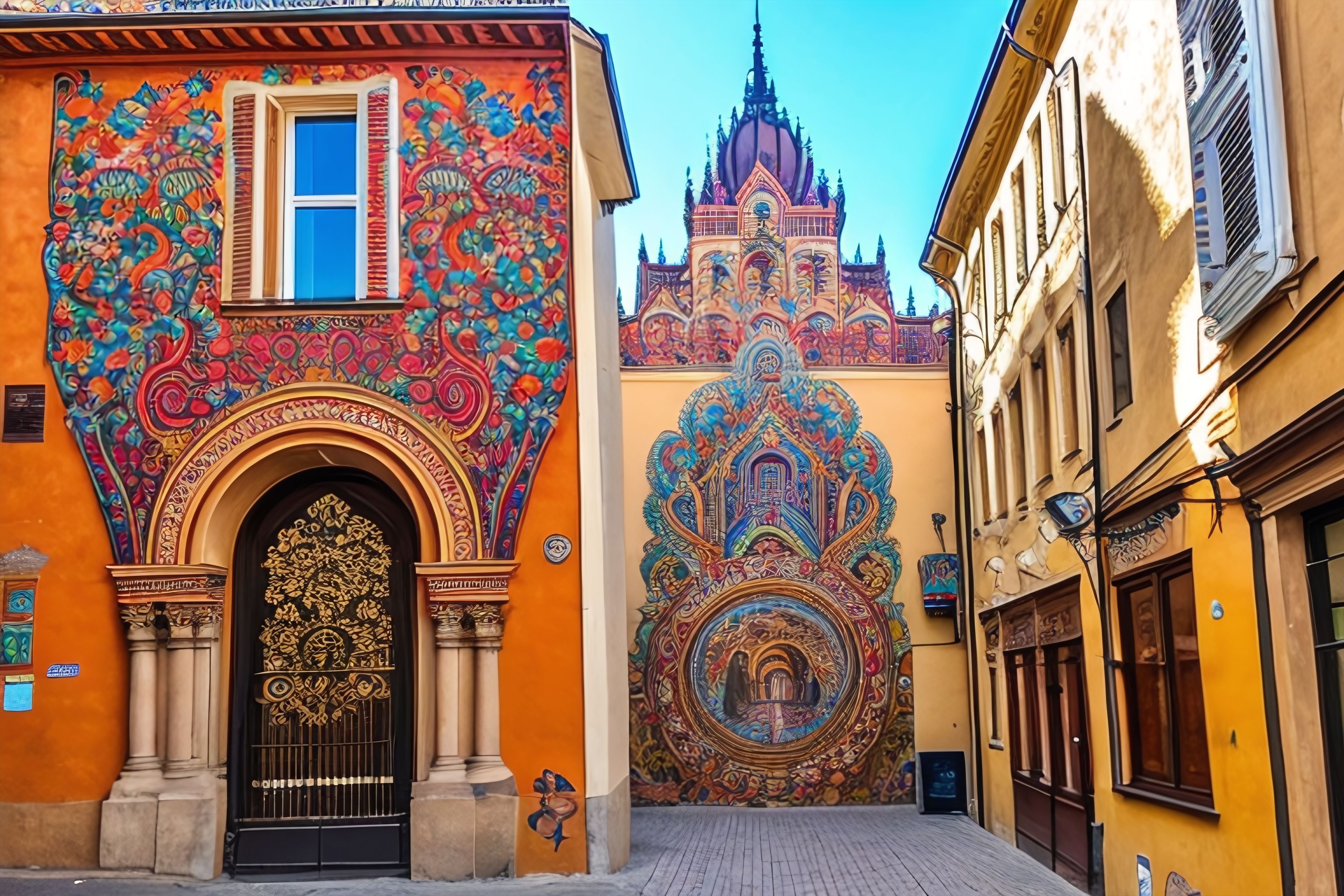 An intricate street art mural in Budapest