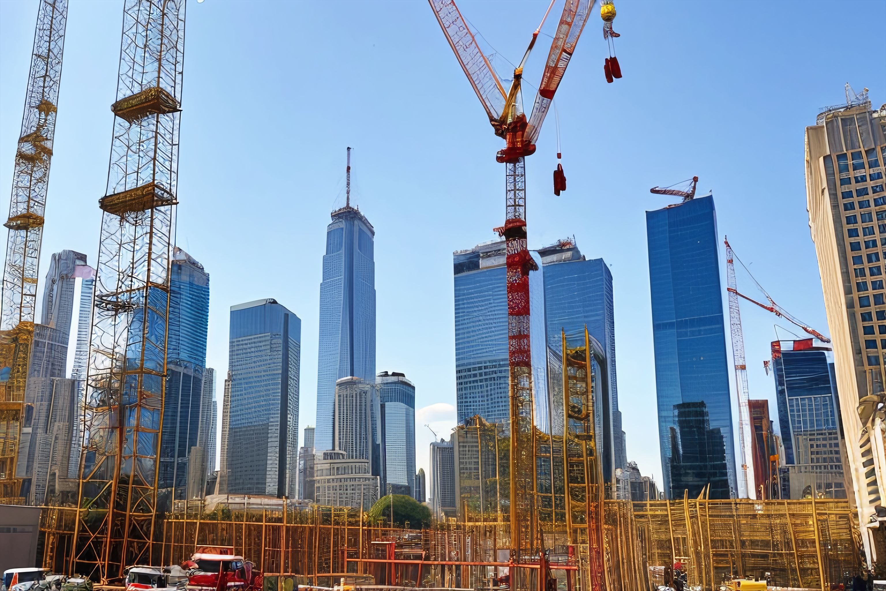 A picture of a skyscraper under construction with cranes and scaffolding in the background.