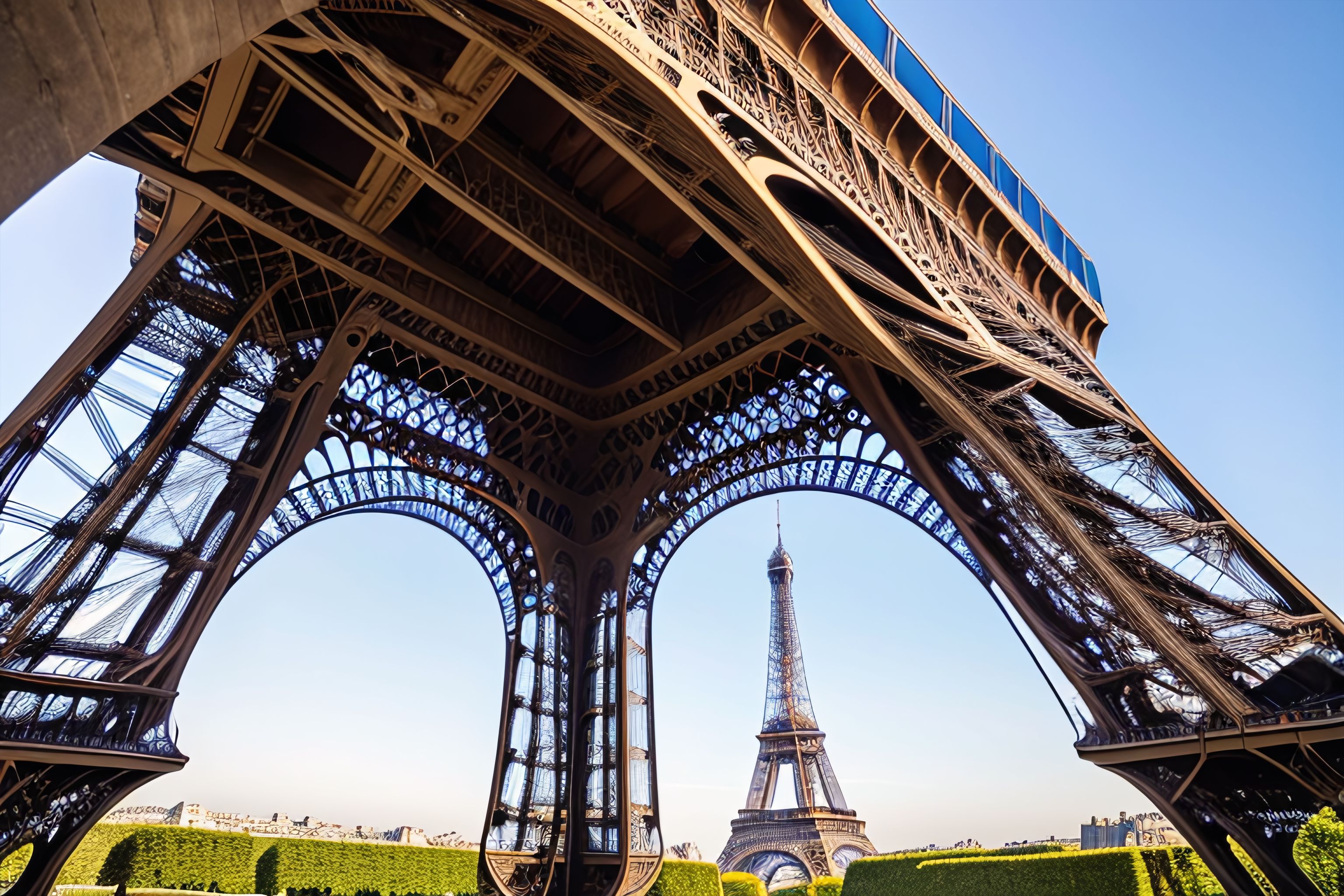 A photograph of a sturdy Parisian building against the backdrop of the Eiffel tower