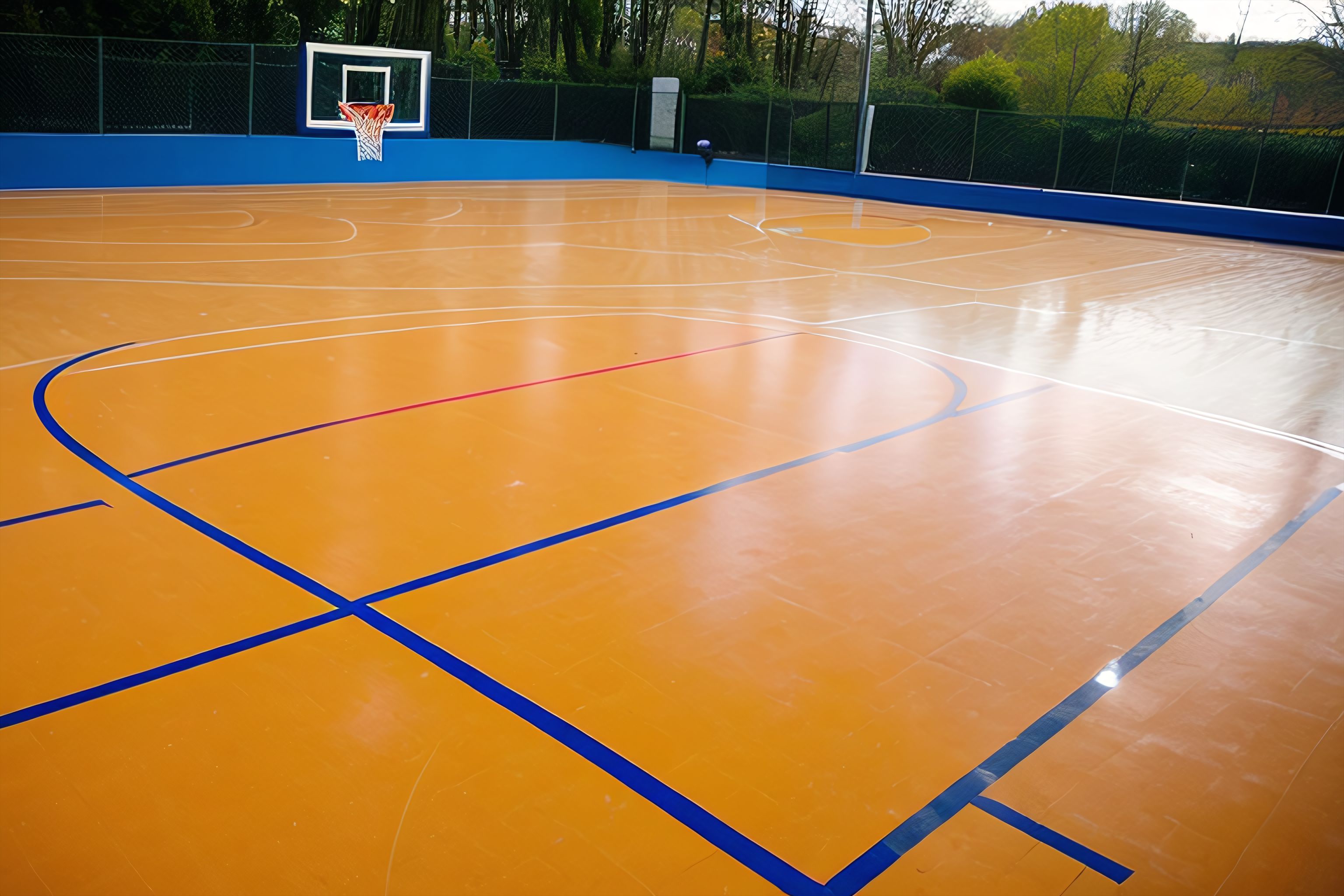 Basketball court with a ball lying on the floor