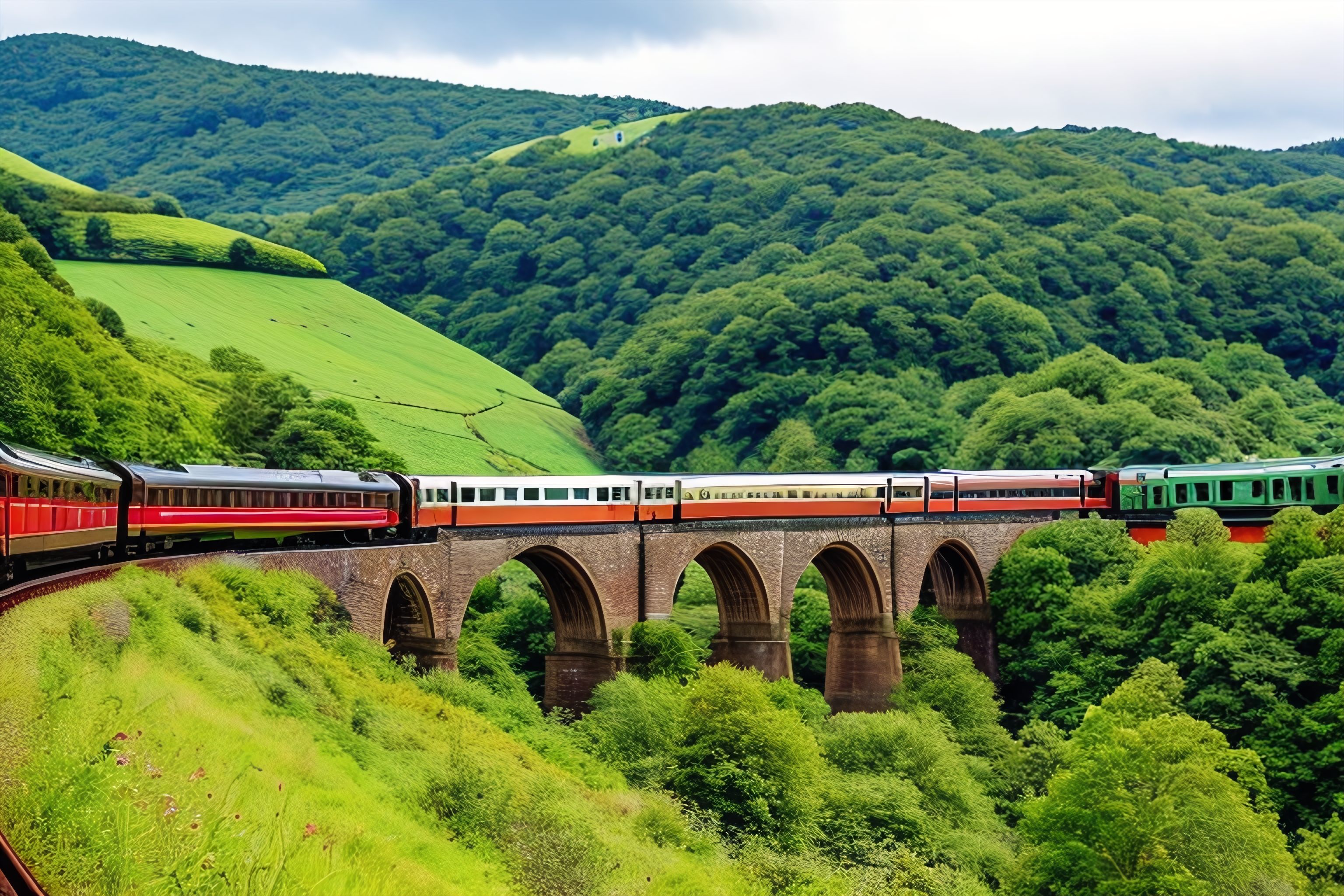 A train passing through a scenic countryside.