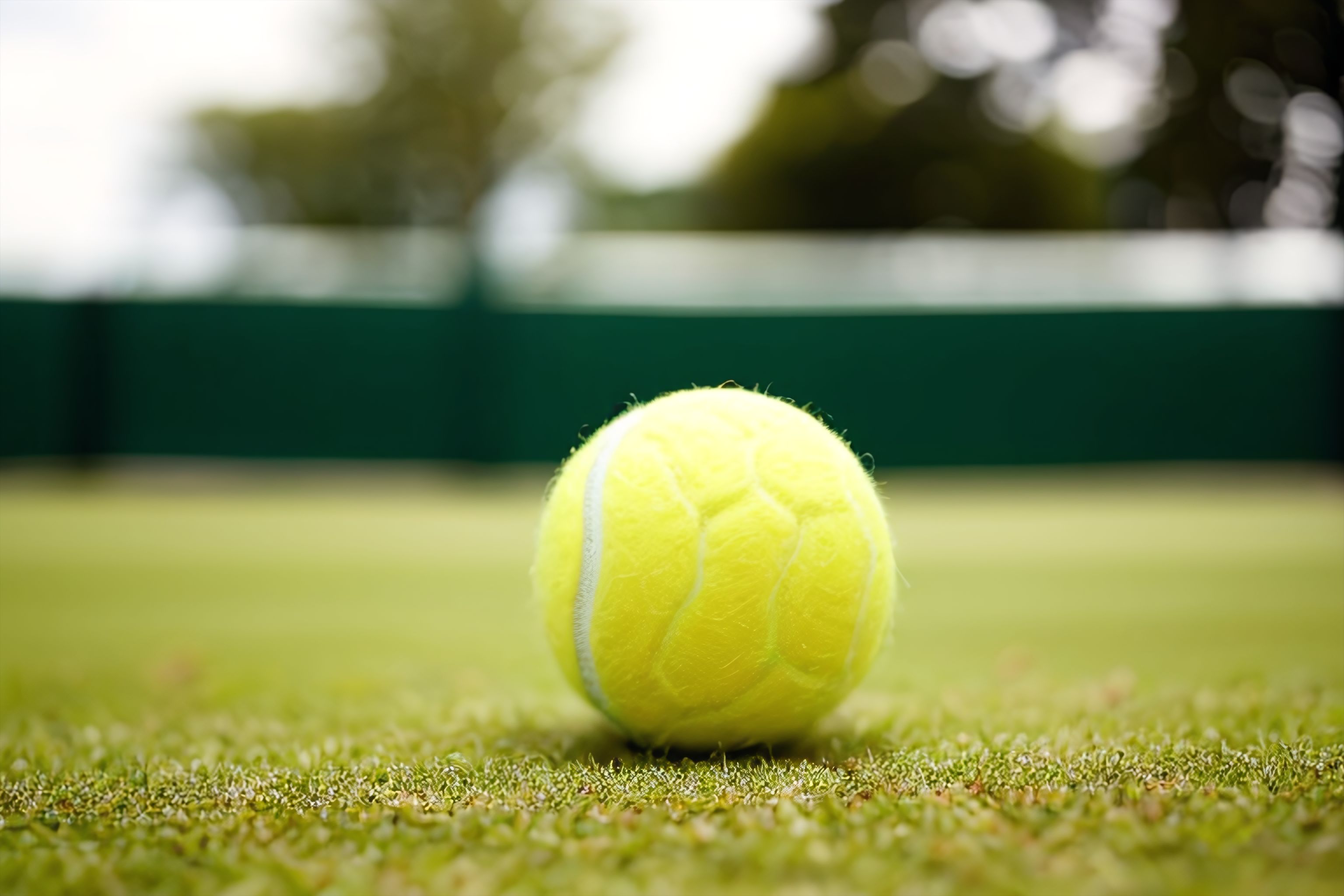 A close-up shot of a tennis ball on a grass court with a blurred player in the background.