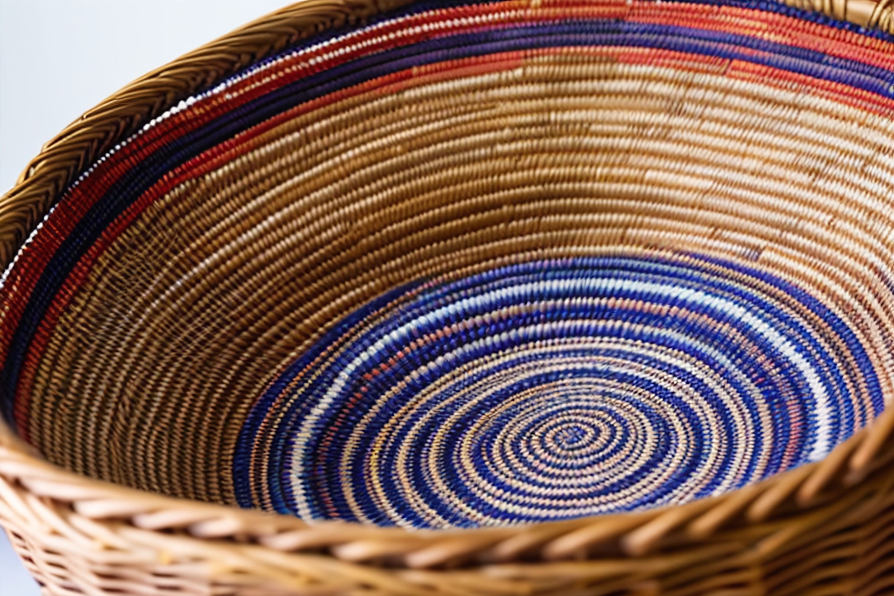 A close-up of a handwoven basket with intricate patterns.