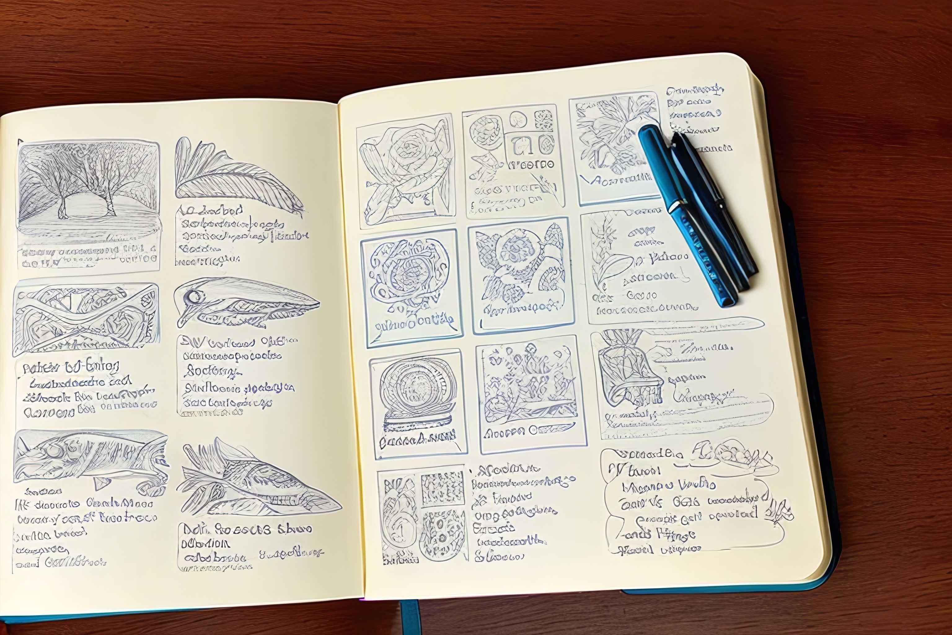 A sketchbook filled with various drawings