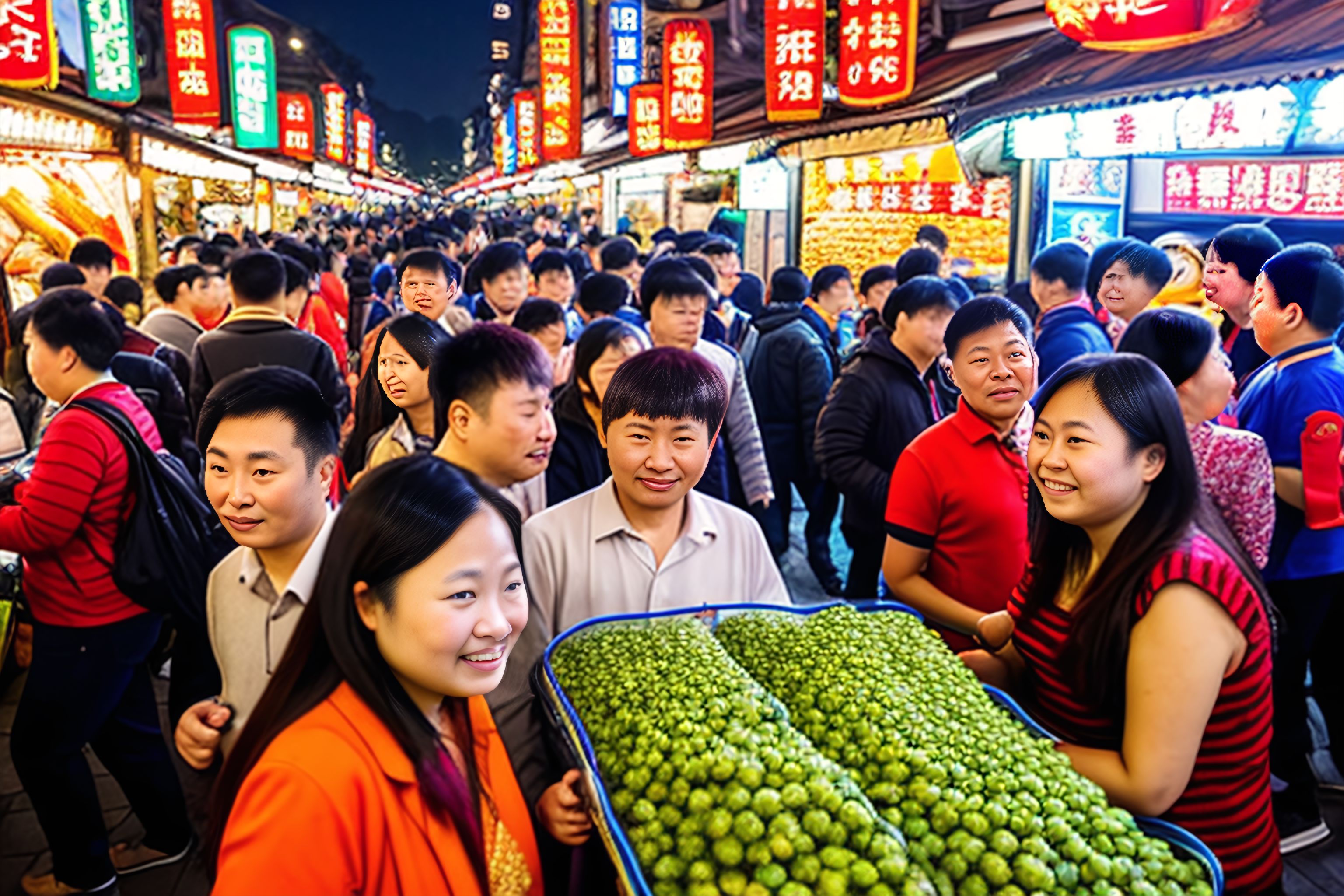 A group of people shopping in a lively night market in Chongqing