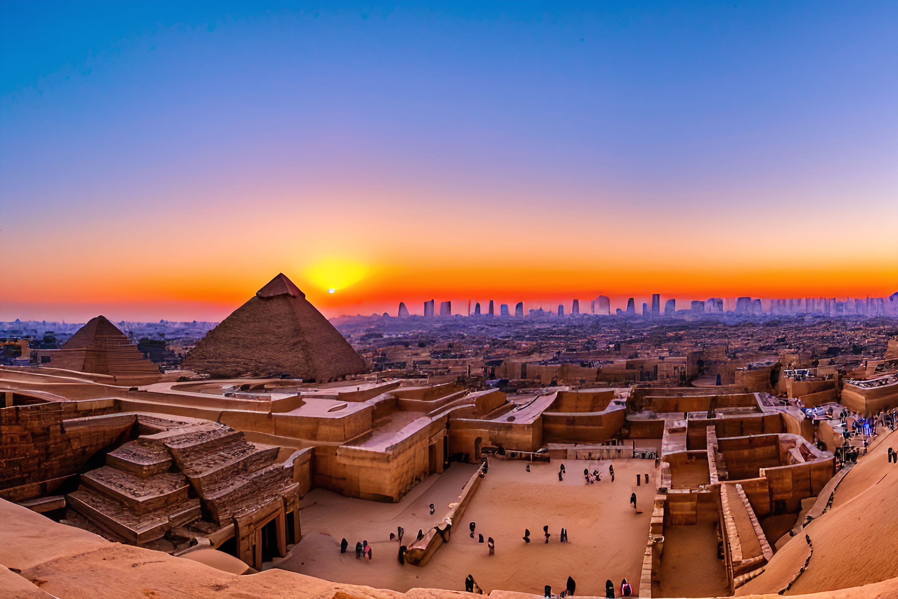 A panoramic view of the Giza Pyramids in Cairo at sunset.