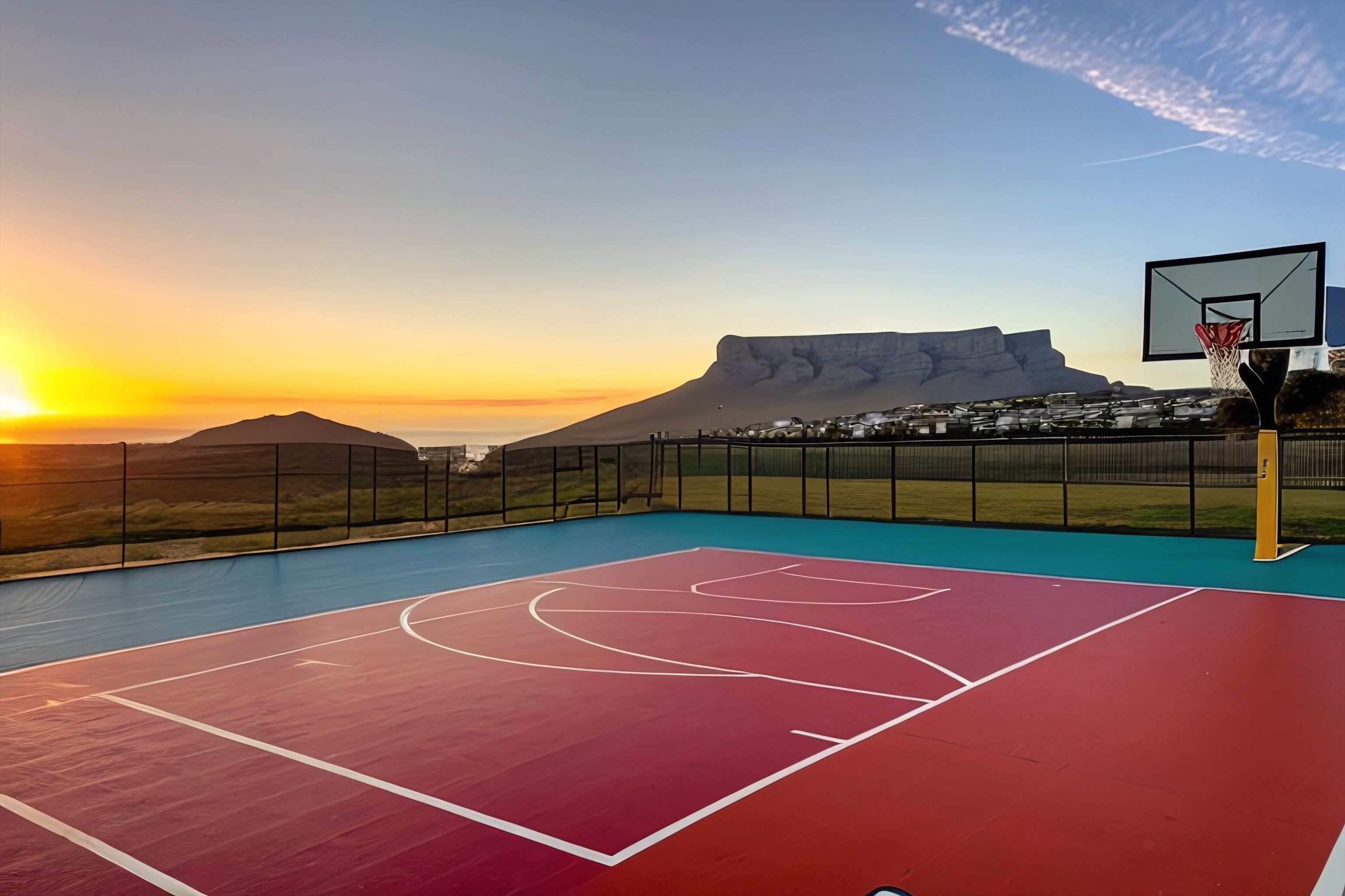 A basketball court in Cape Town with a beautiful sunset in the background