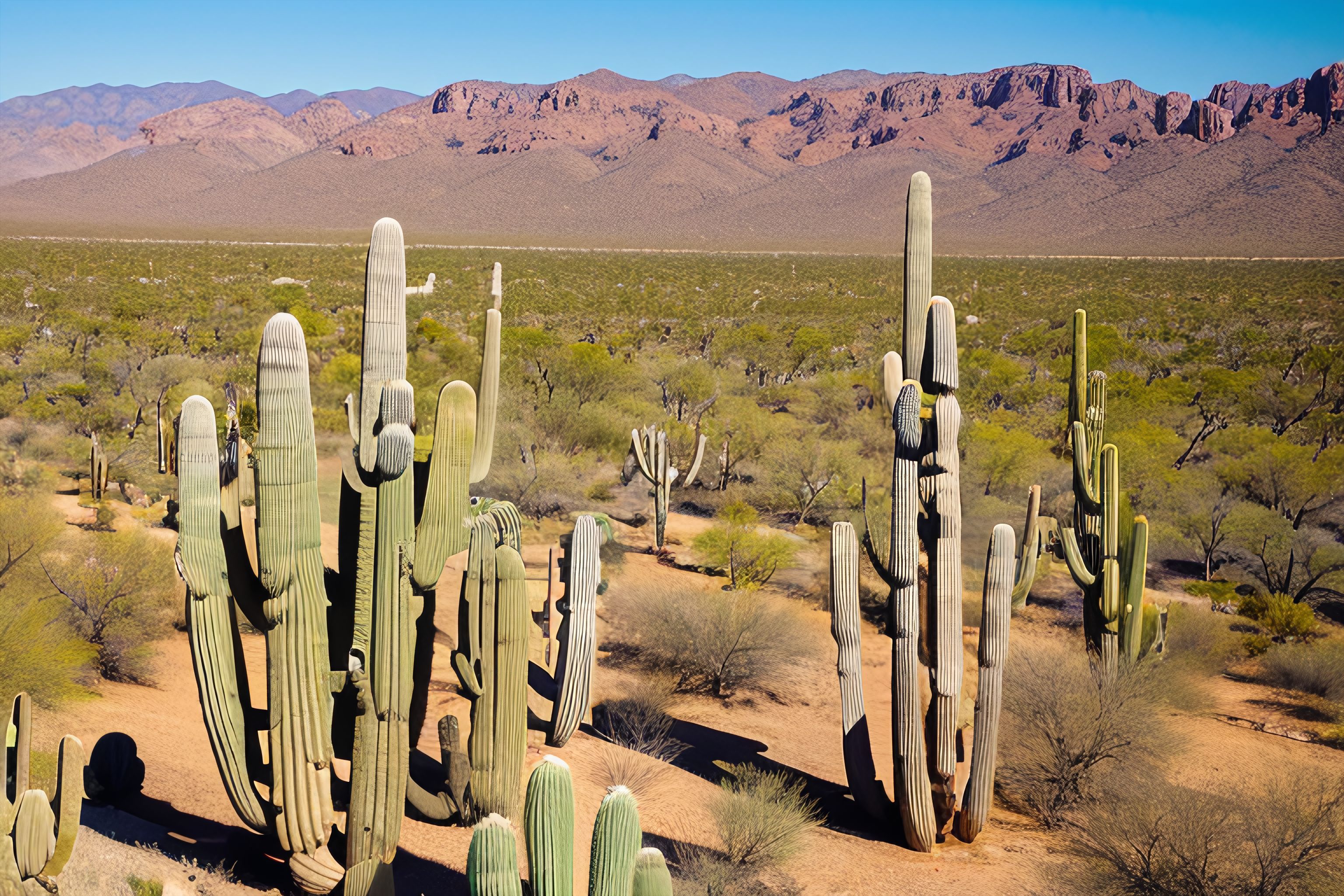 Aerial view of saguaro cacti in the desert