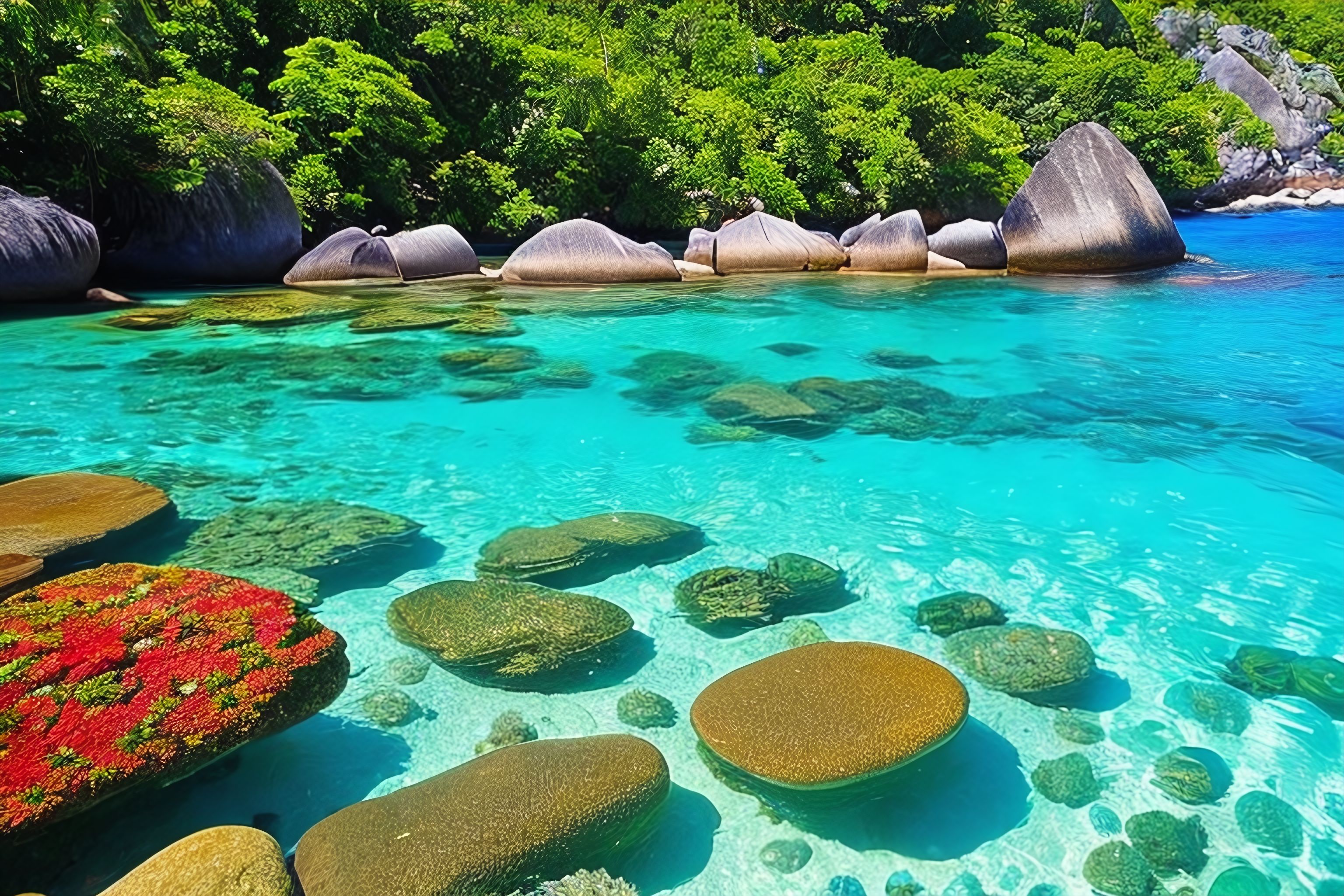 A breathtaking photo of Seychelles' crystal-clear waters and vibrant flora.
