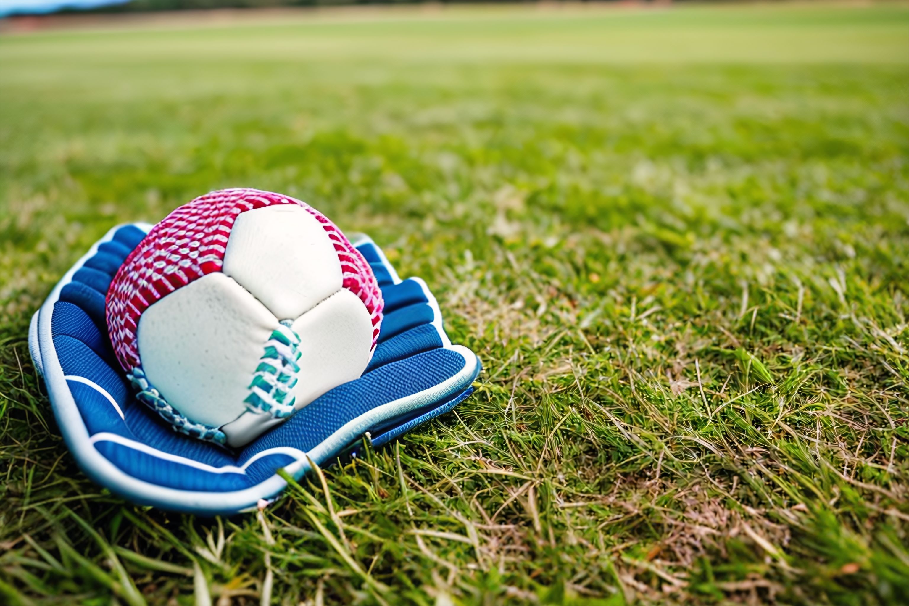 A close up photo of cricket gloves and a ball resting on a grassy field.