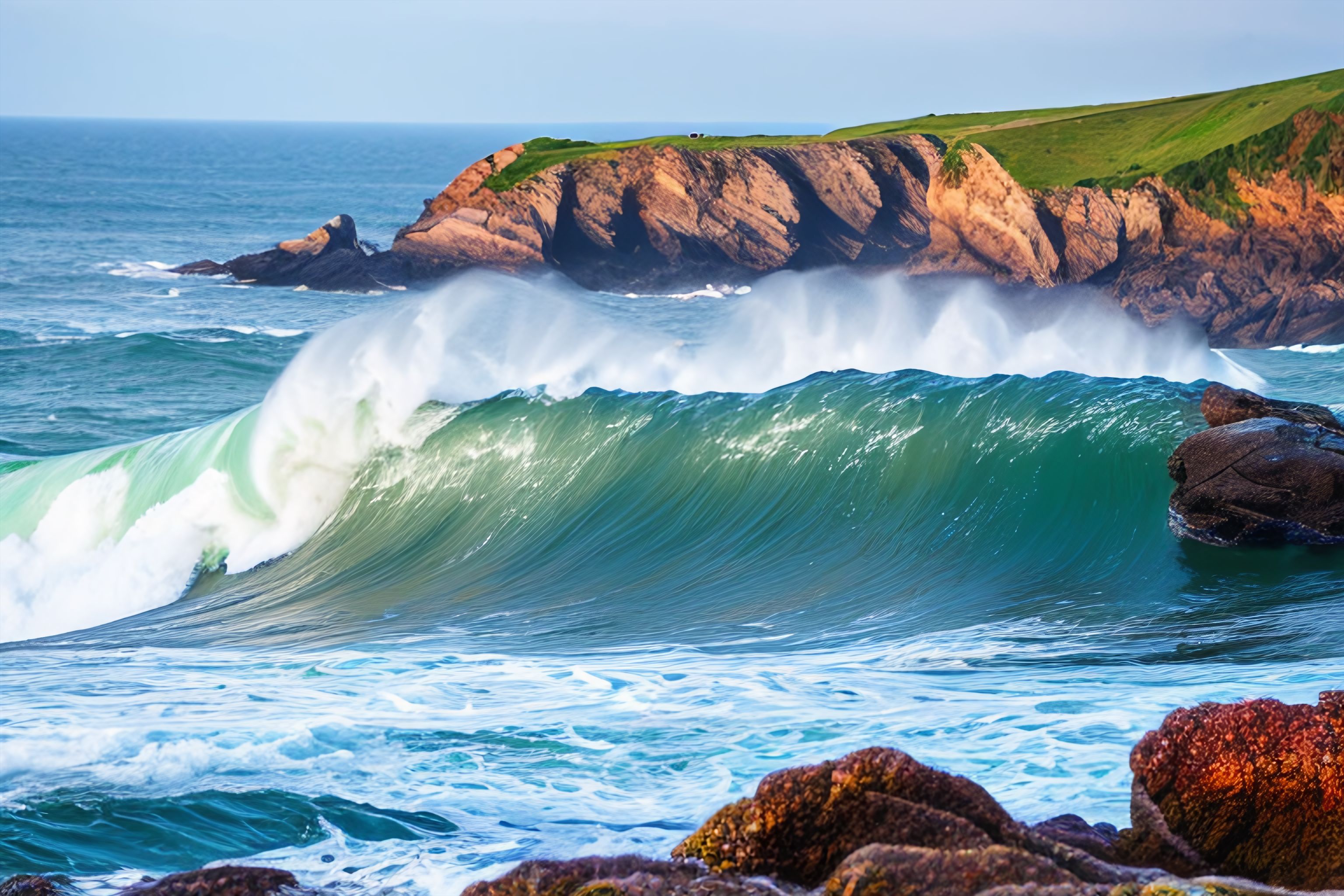 A dramatic photo of waves crashing against a rocky shoreline