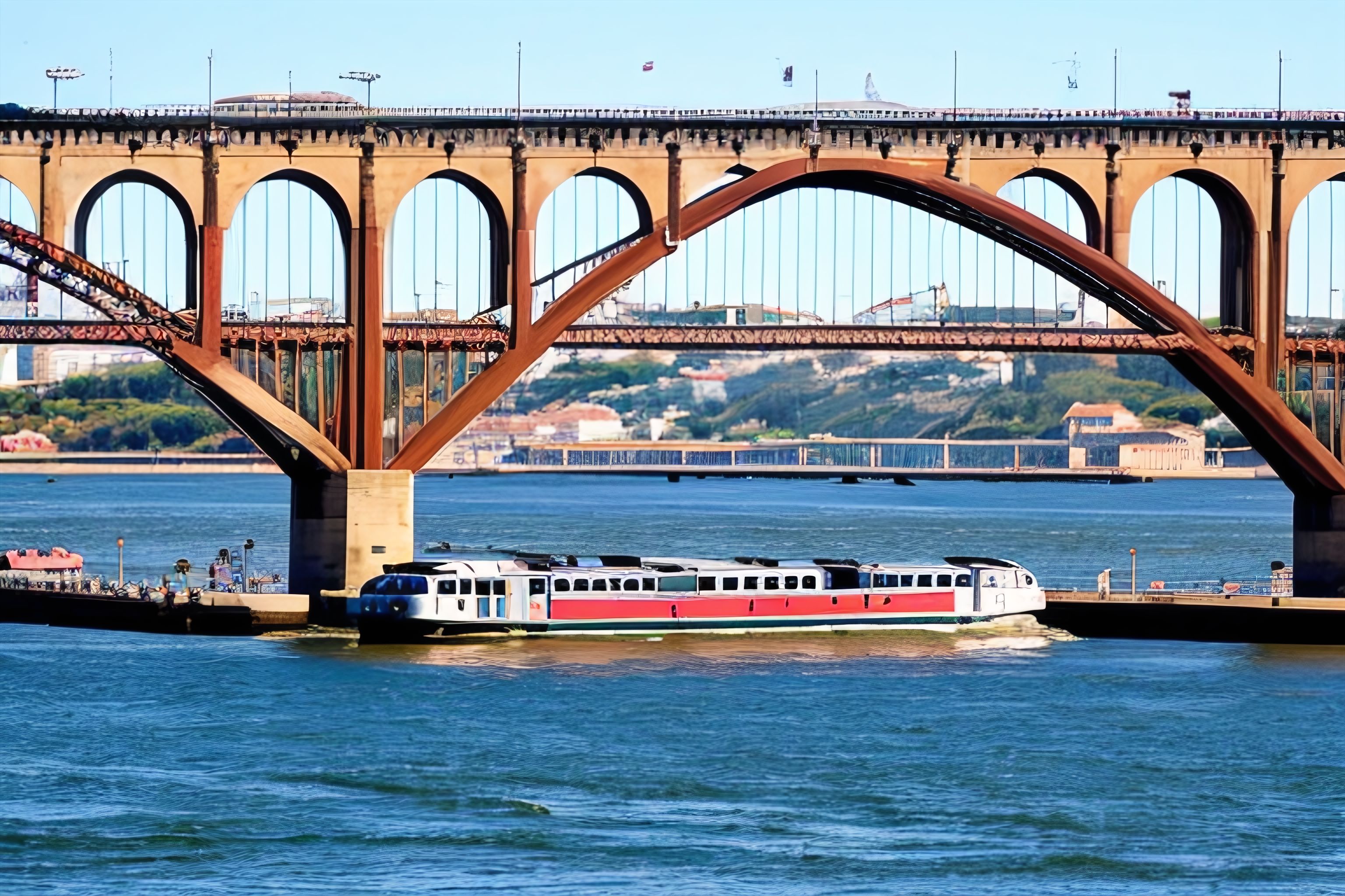 A train crossing a bridge over the Tagus river in Lisbon.