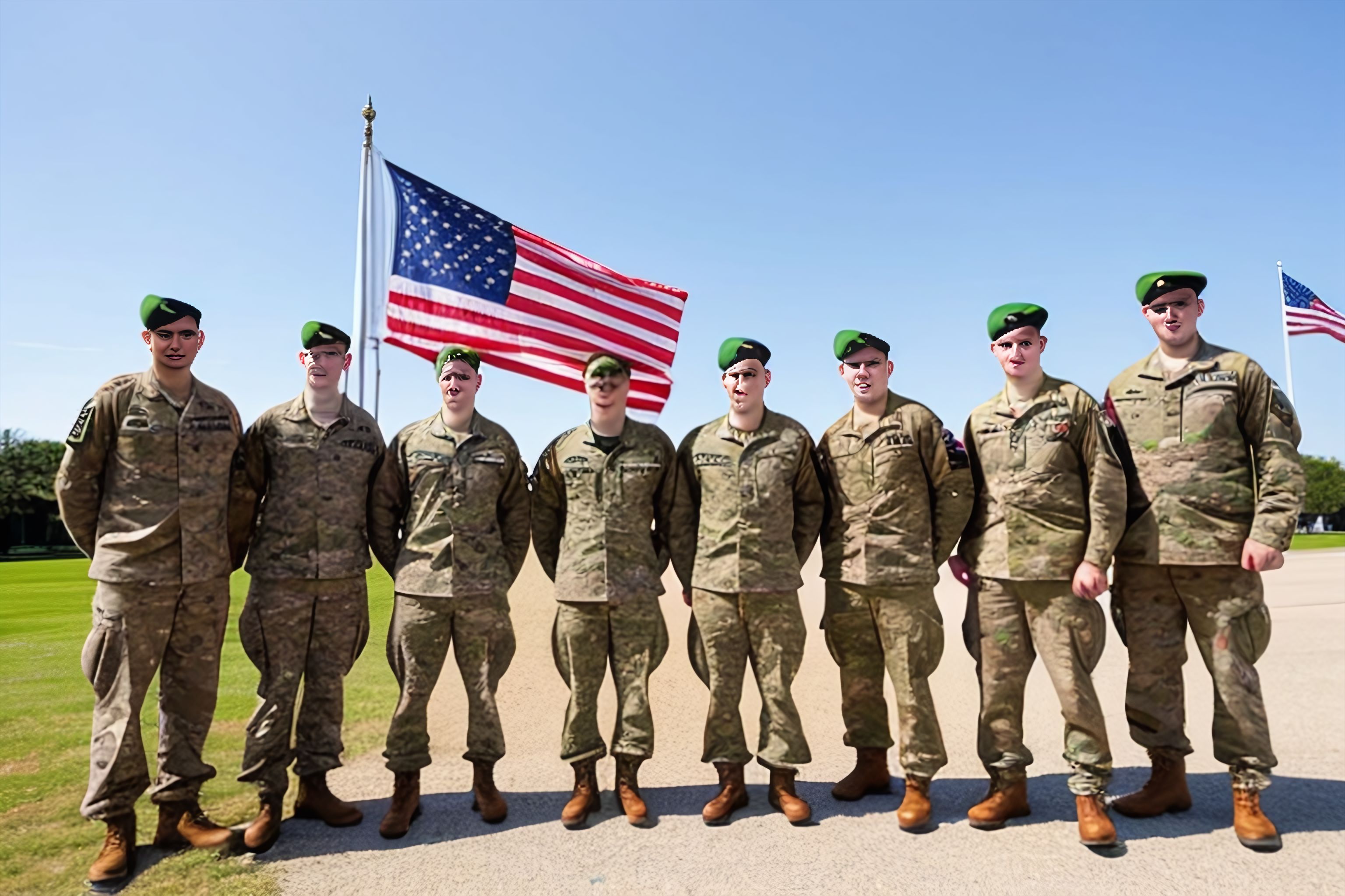 A group of soldiers in uniform standing in front of an American flag