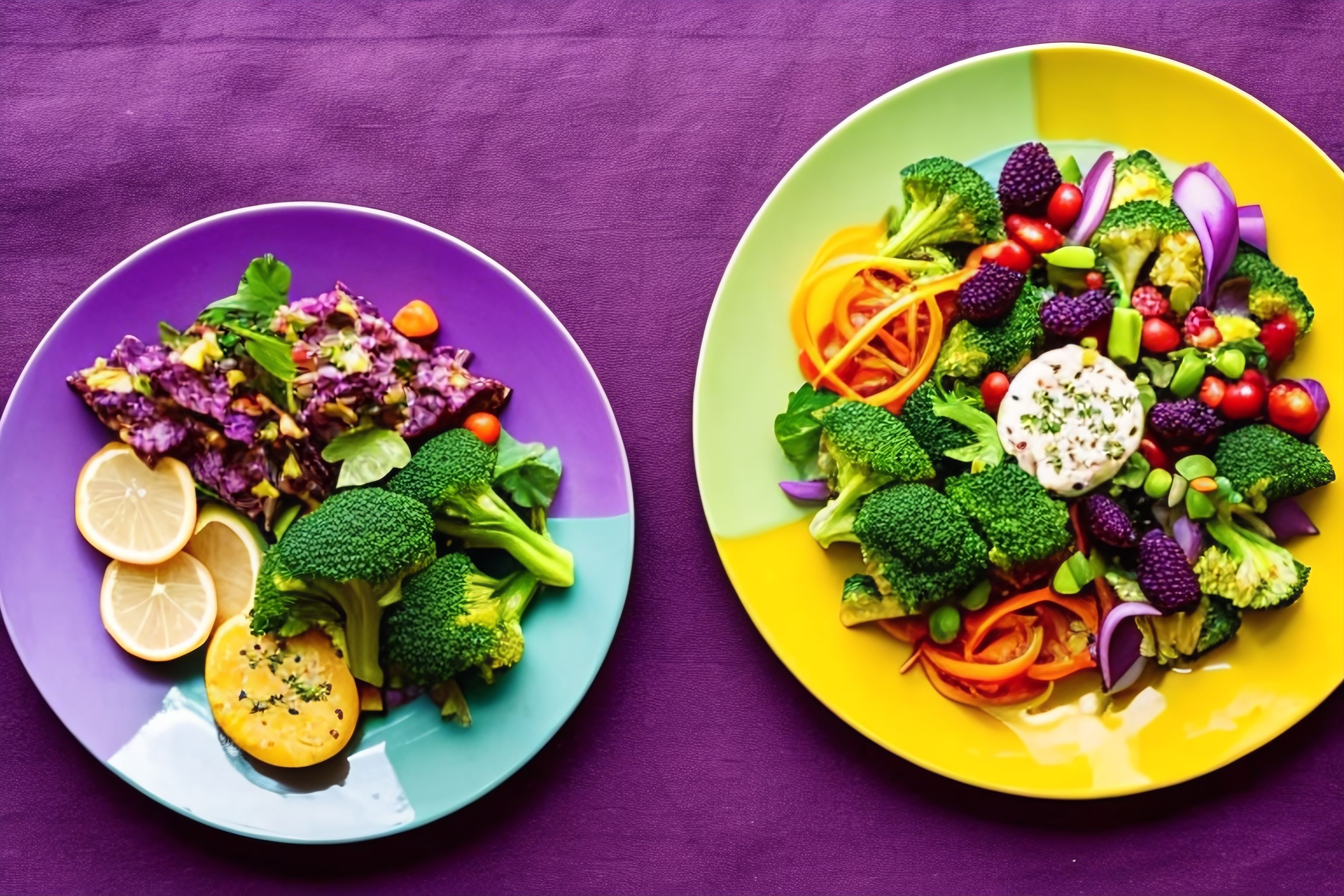 A colorful plate of food with vibrant greens and purples