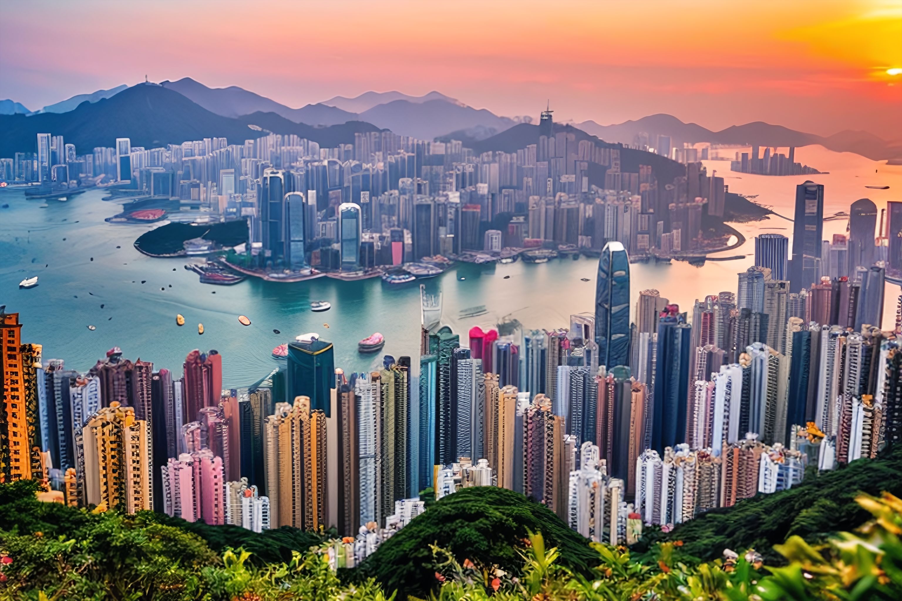 A bird's eye view of Hong Kong's crowded skyline at sunrise.