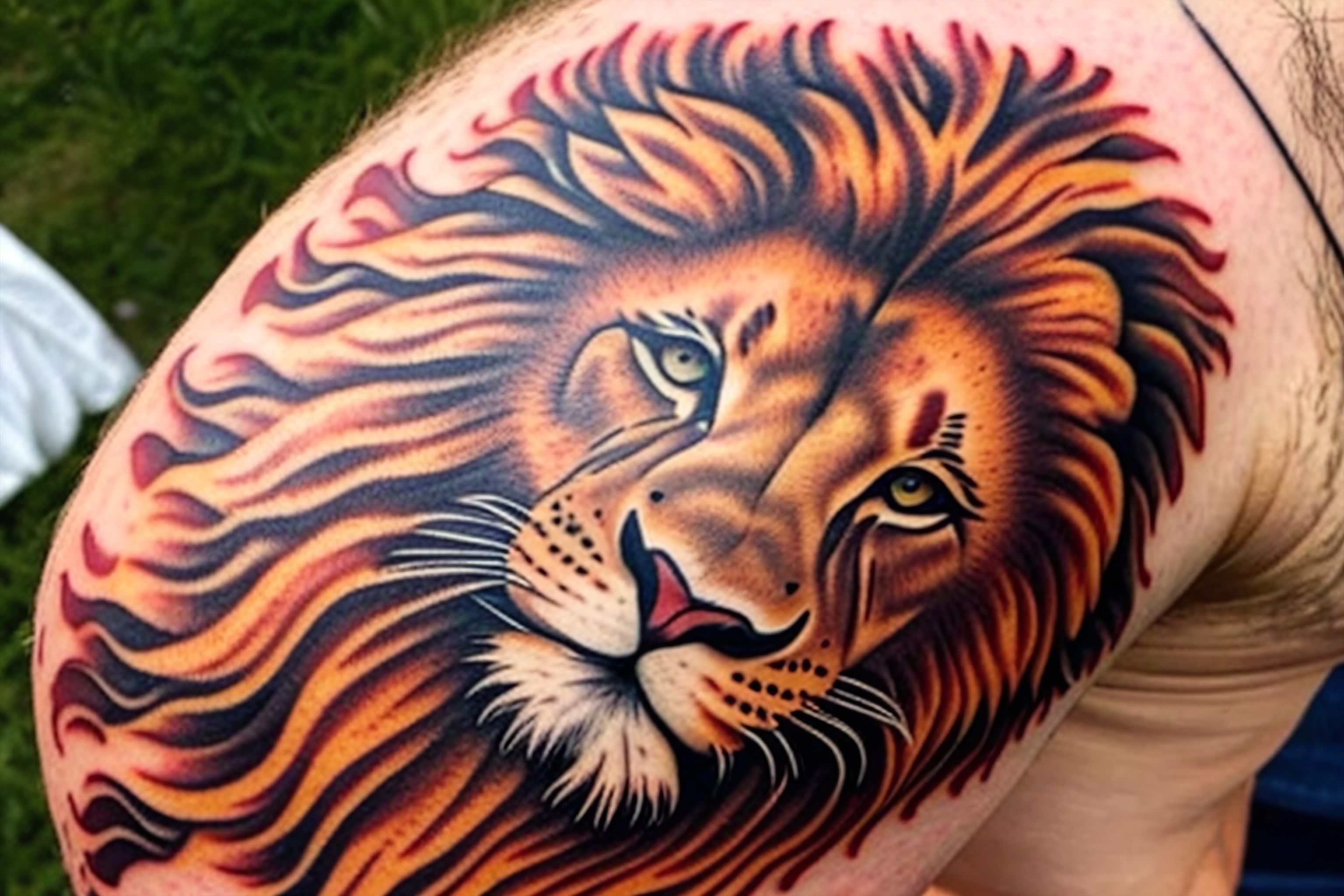 Close up of a lion tattoo on a man's arm
