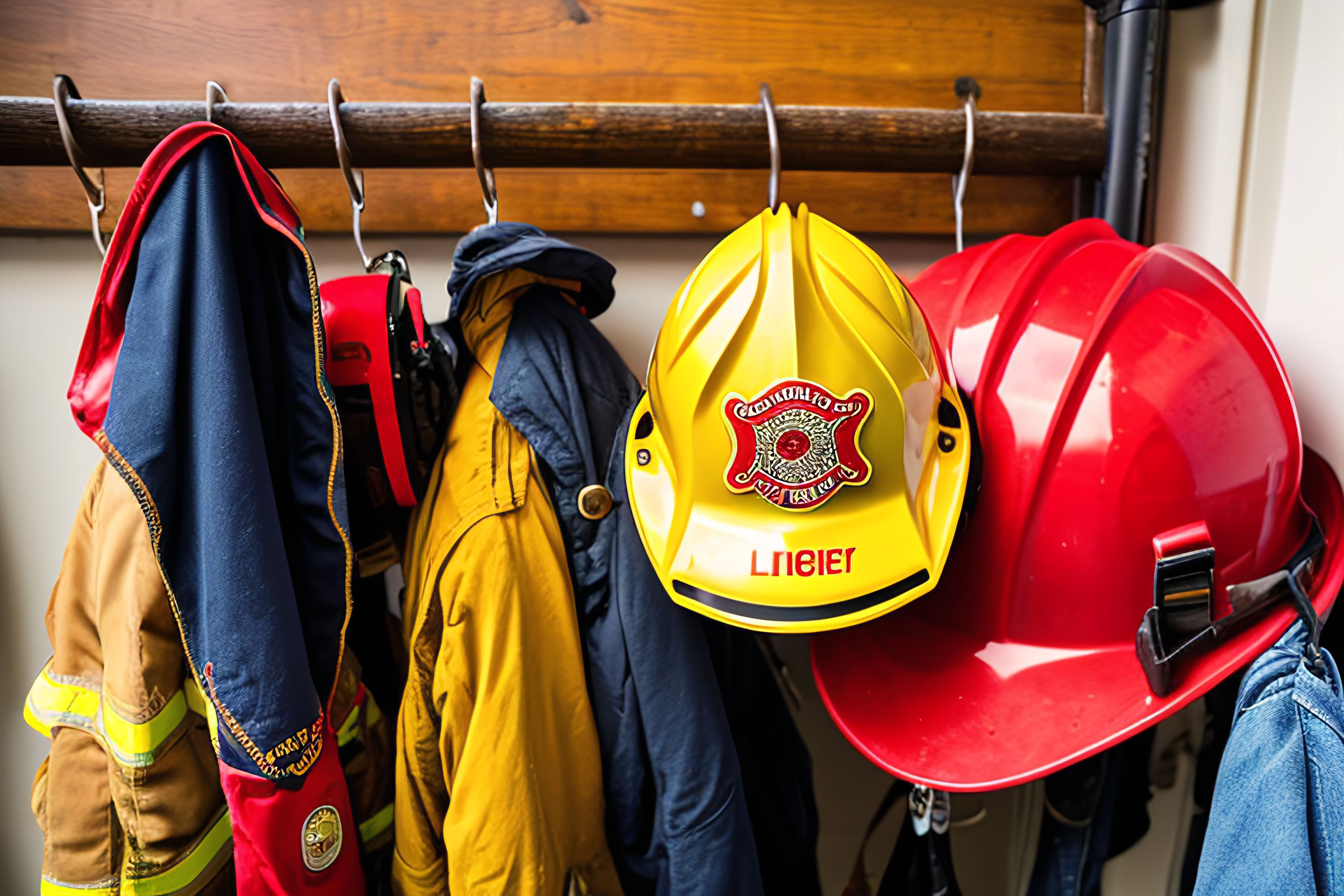 A photo of a firefighter's gear and helmet hanging on a hook.
