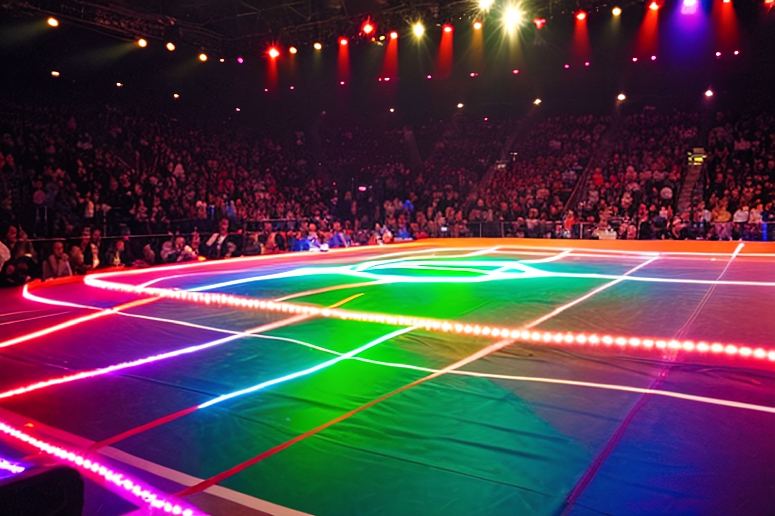 A wrestling ring illuminated by bright lights.