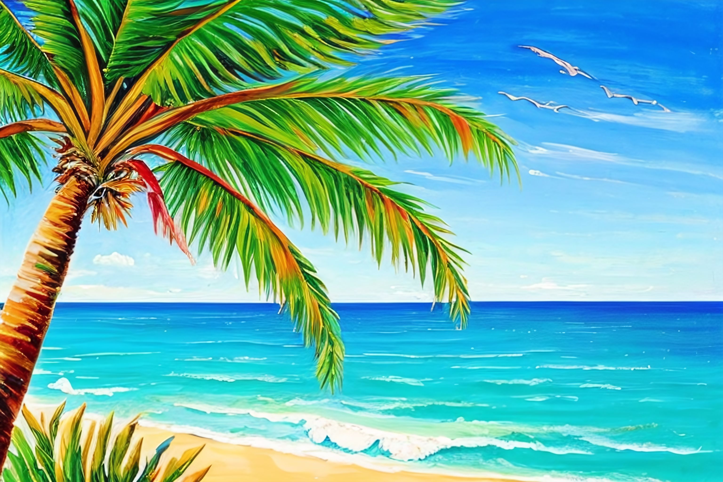 A picture of a colorful painting with palm trees and the ocean in the background.