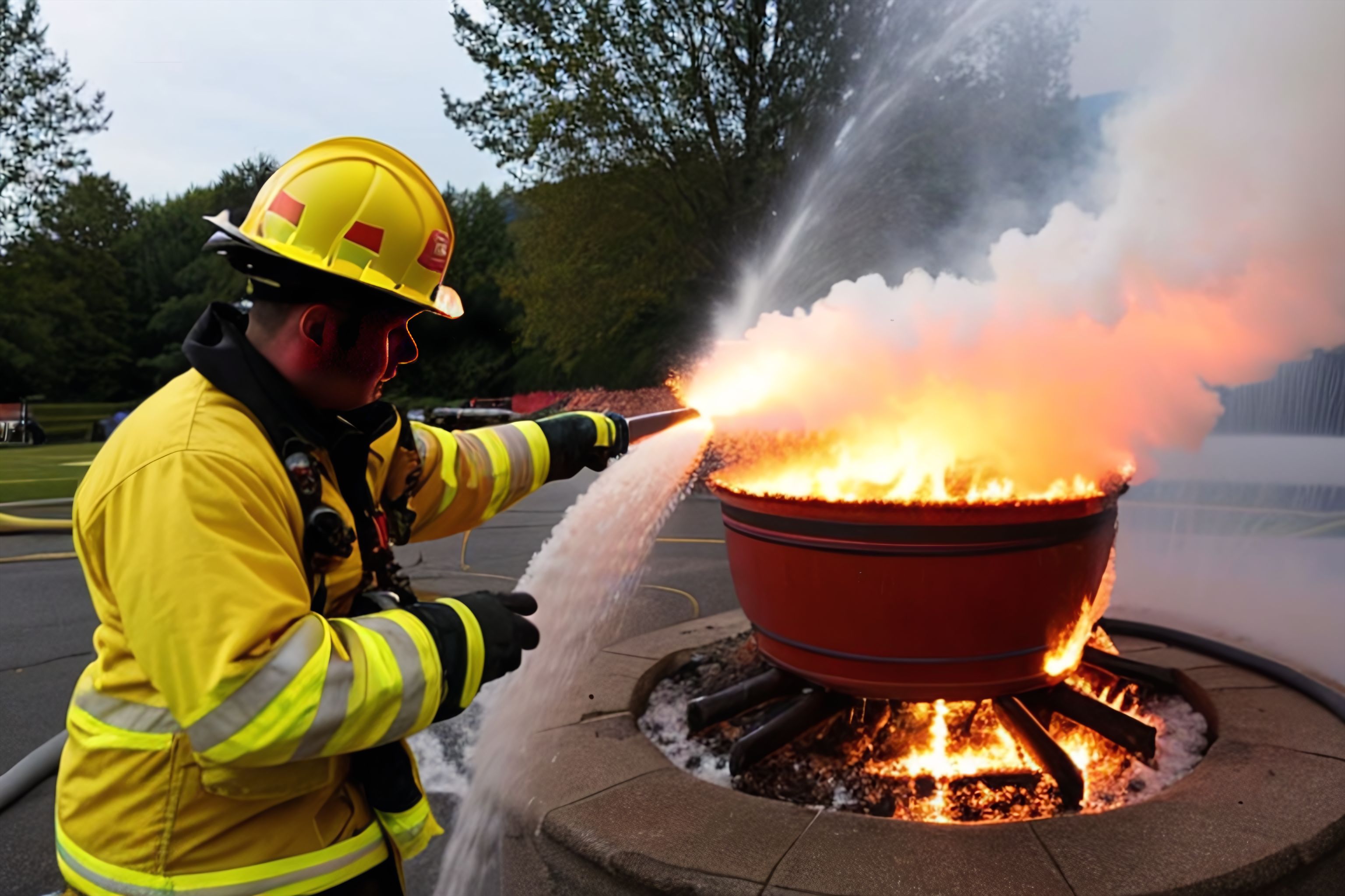 A roaring fire being extinguished by a firefighter with a hose.