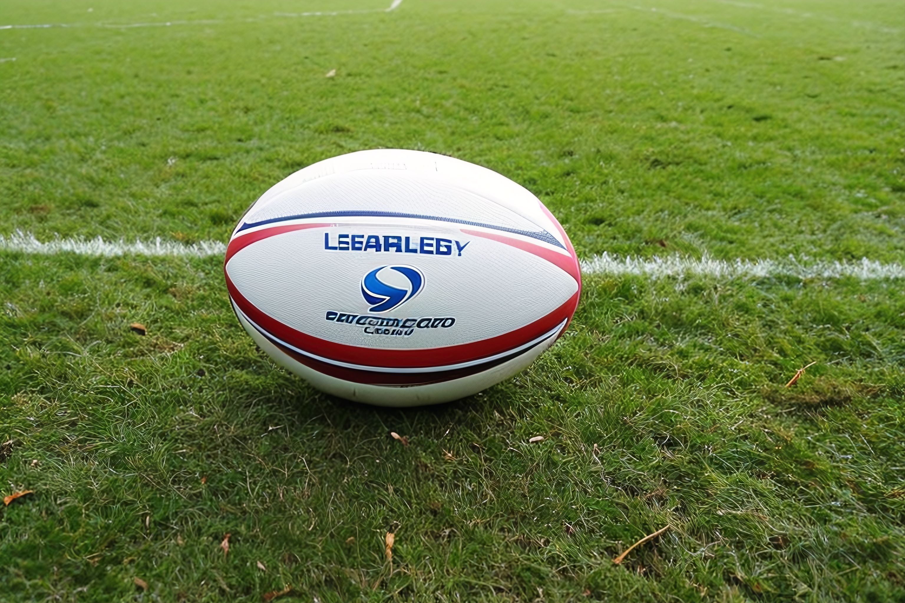 A rugby ball on a field with players in the background