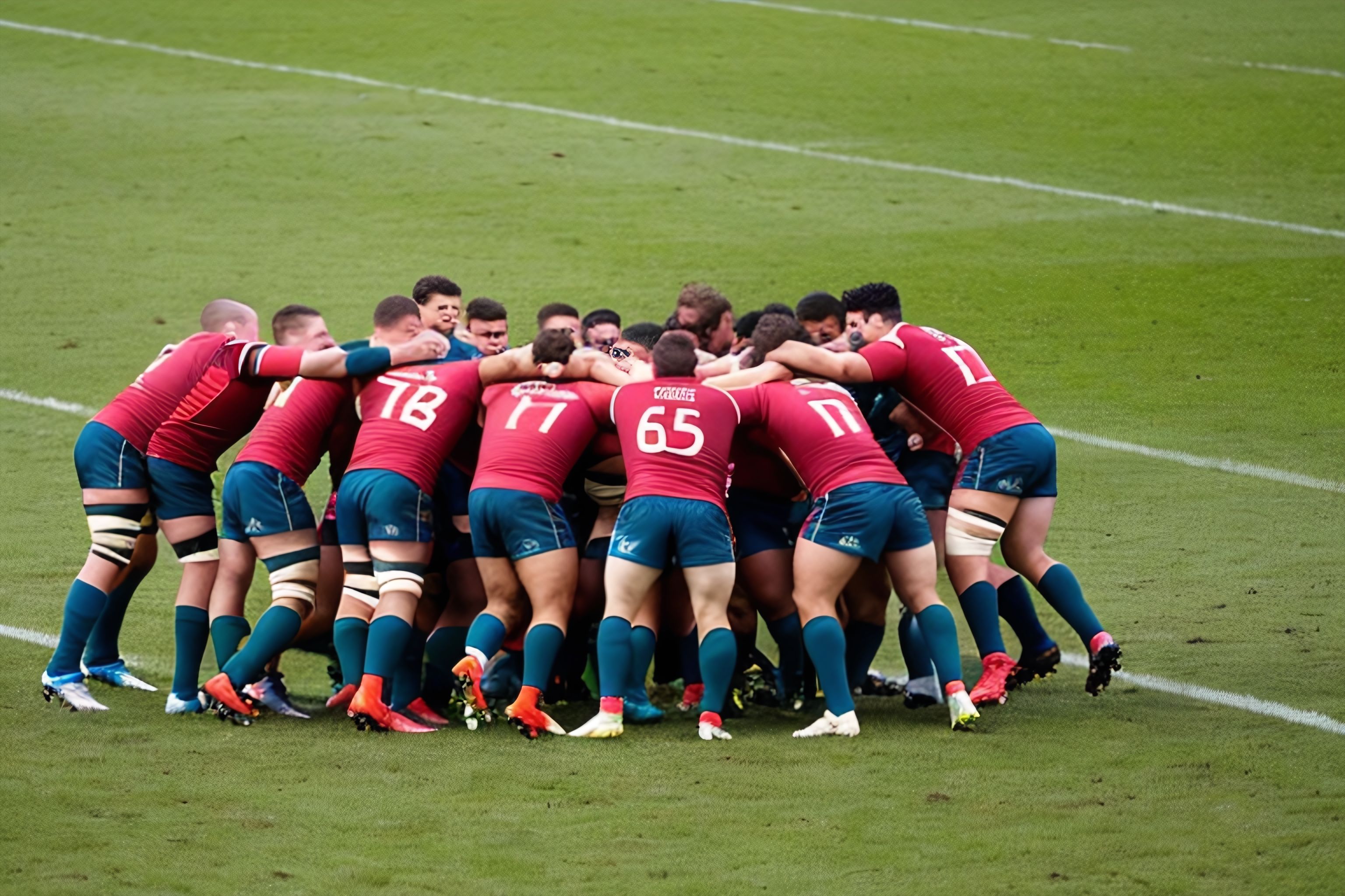 A pack of rugby players in a scrum