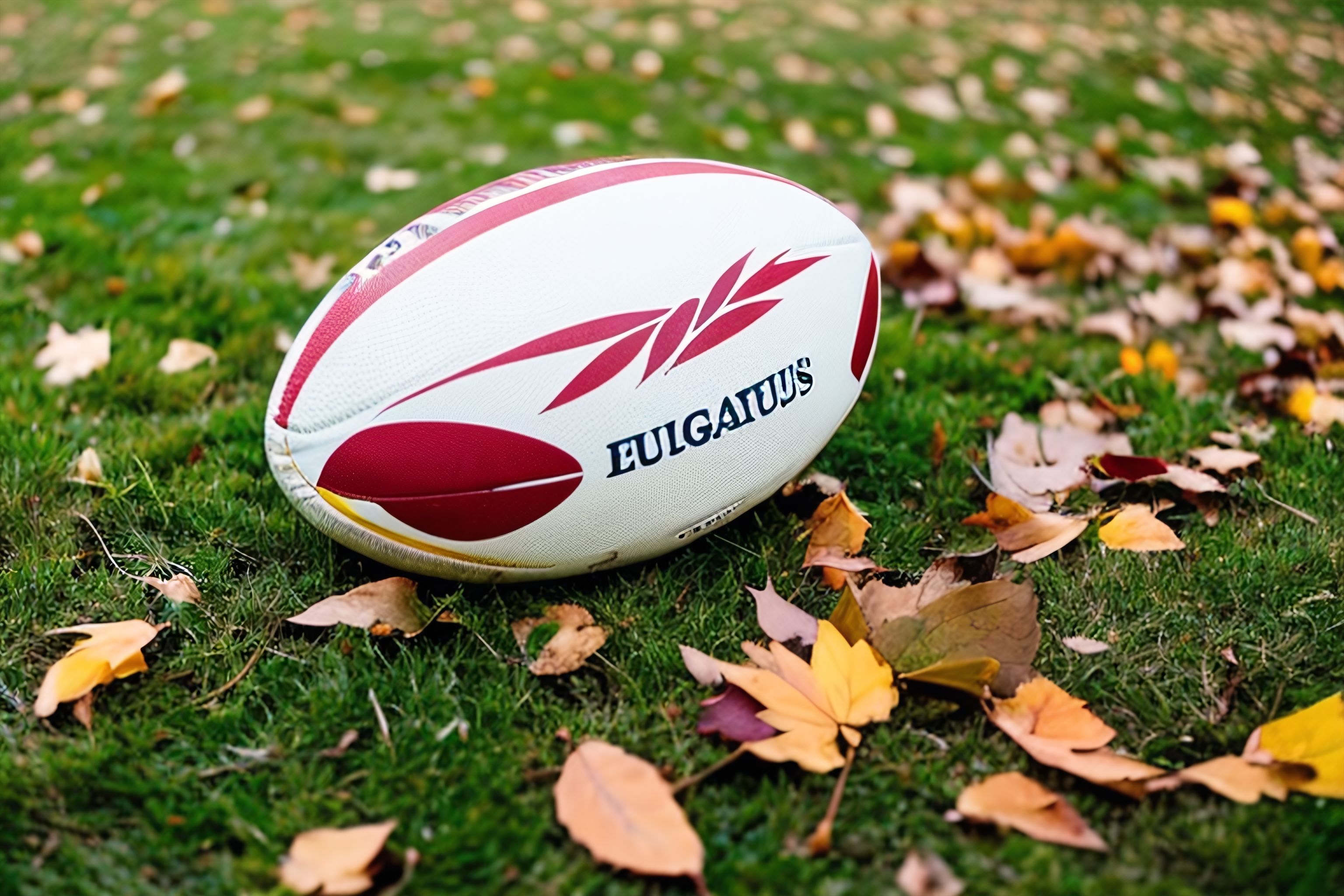 A rugby ball sitting on a grassy field with autumn leaves scattered around it.