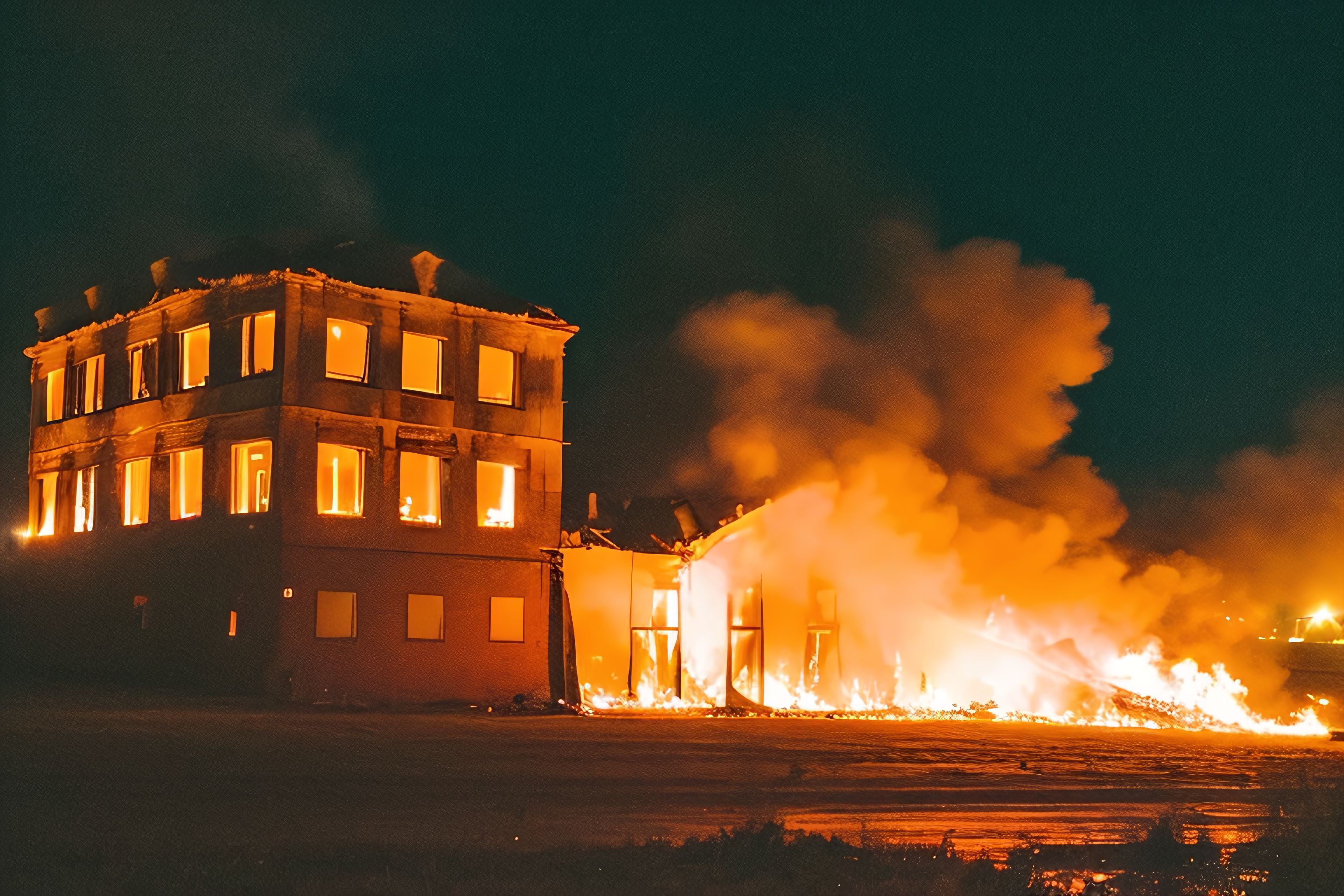 A burning building at night