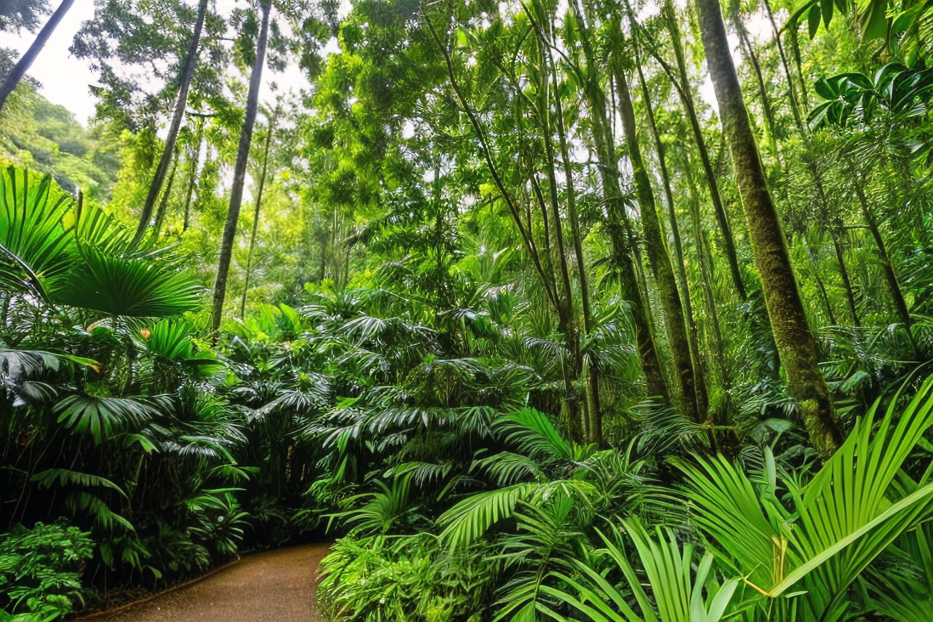 A lush, tropical forest with tall trees and green shrubbery