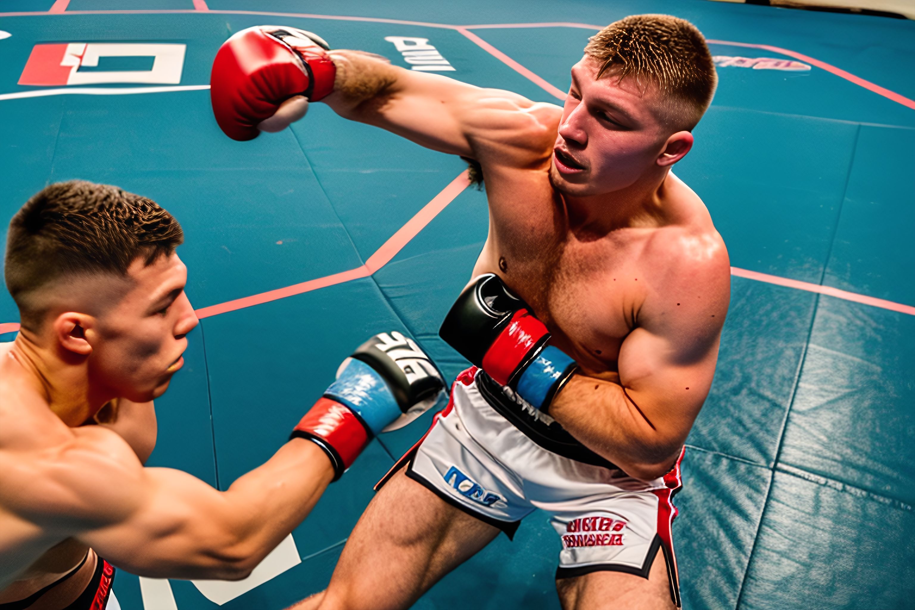 Two male fighters sparring in an octagon