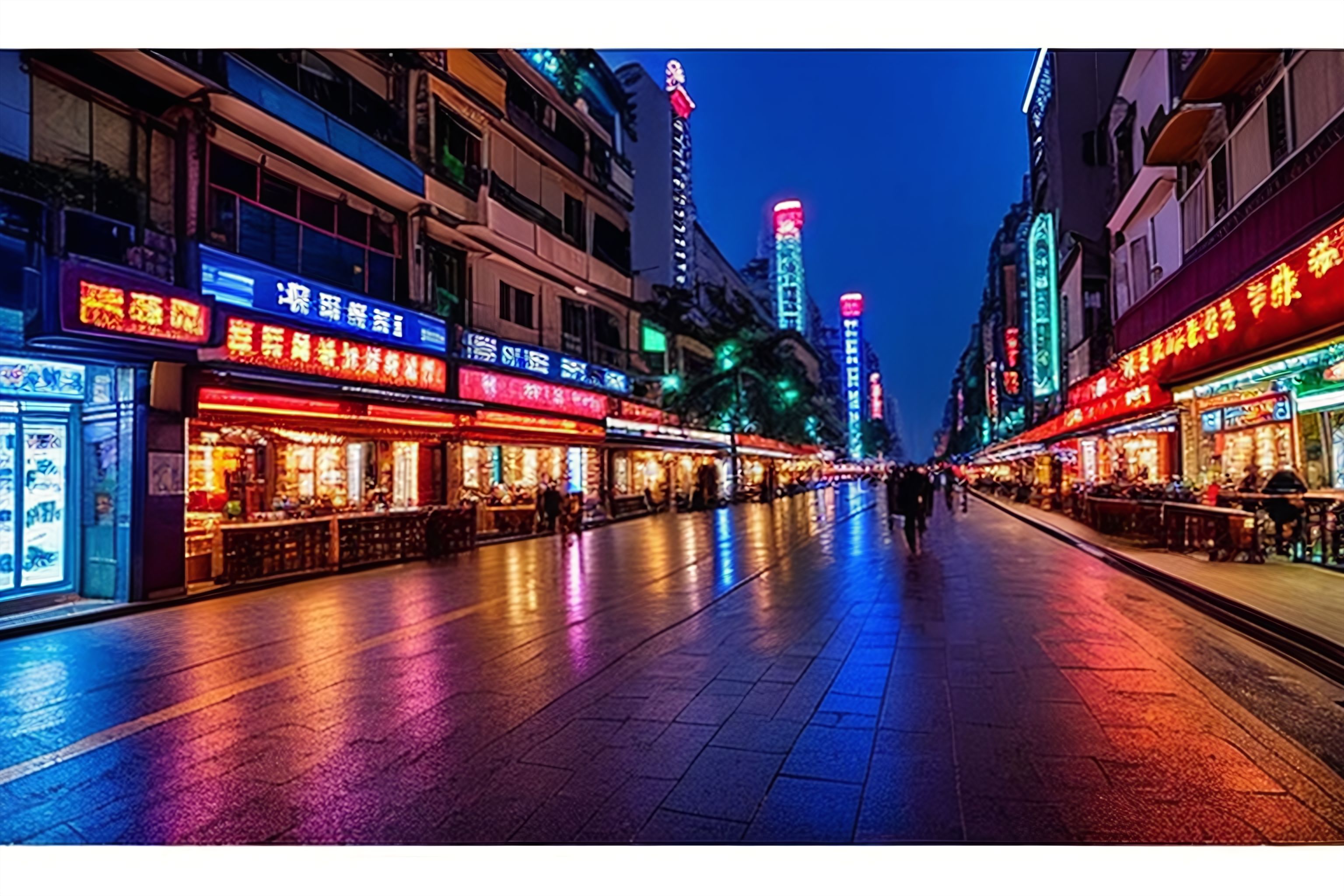 A nighttime street scene in Guangzhou with blurred lights and shadows.
