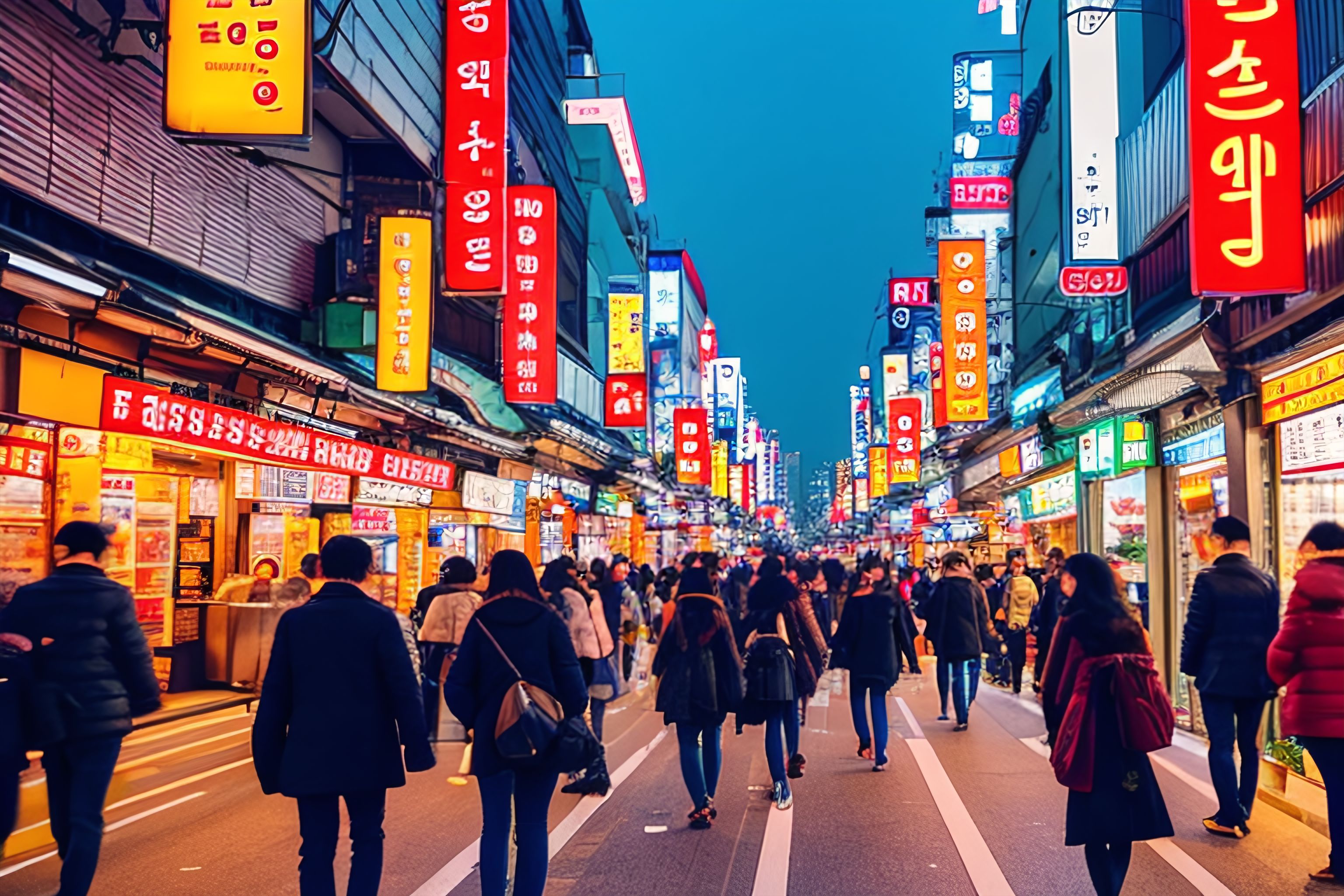 A busy street in Seoul at night
