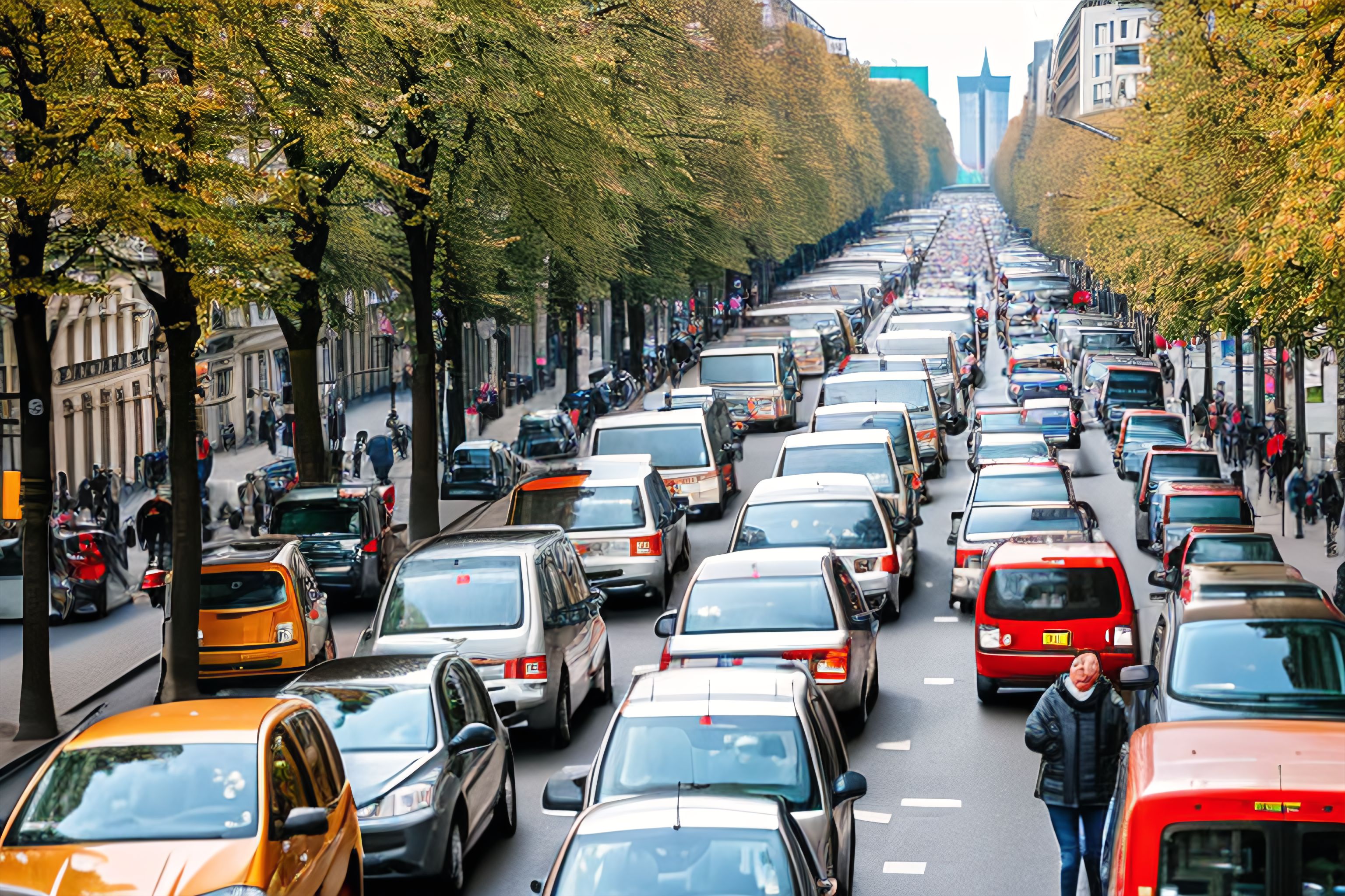 A photograph of a busy Berlin street with people and traffic.