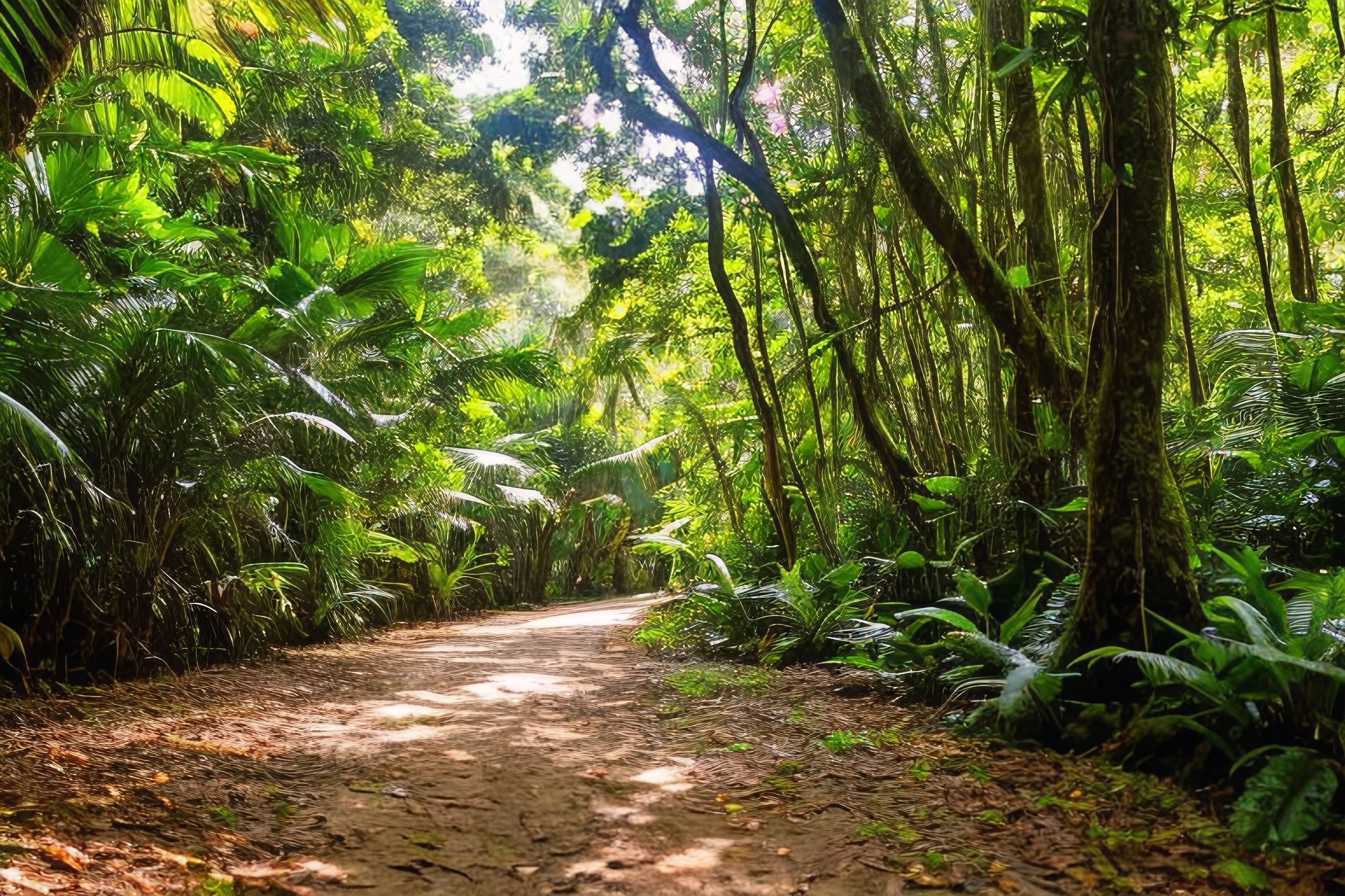 A breathtaking view of Grenada's lush forests, with the sun shining through the trees and casting long shadows on the ground.