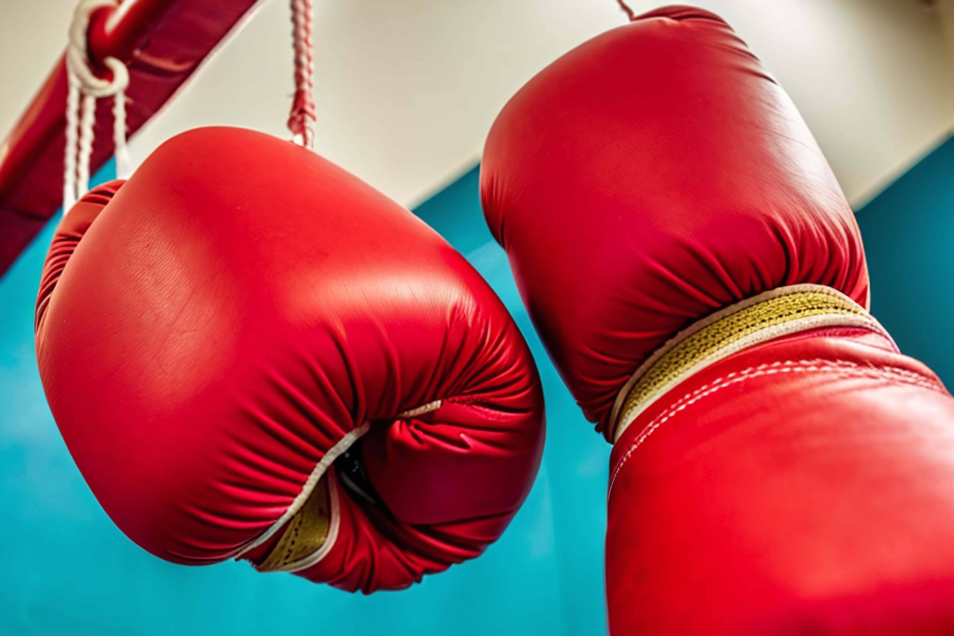 A pair of red boxing gloves hanging on a hook in a gym.