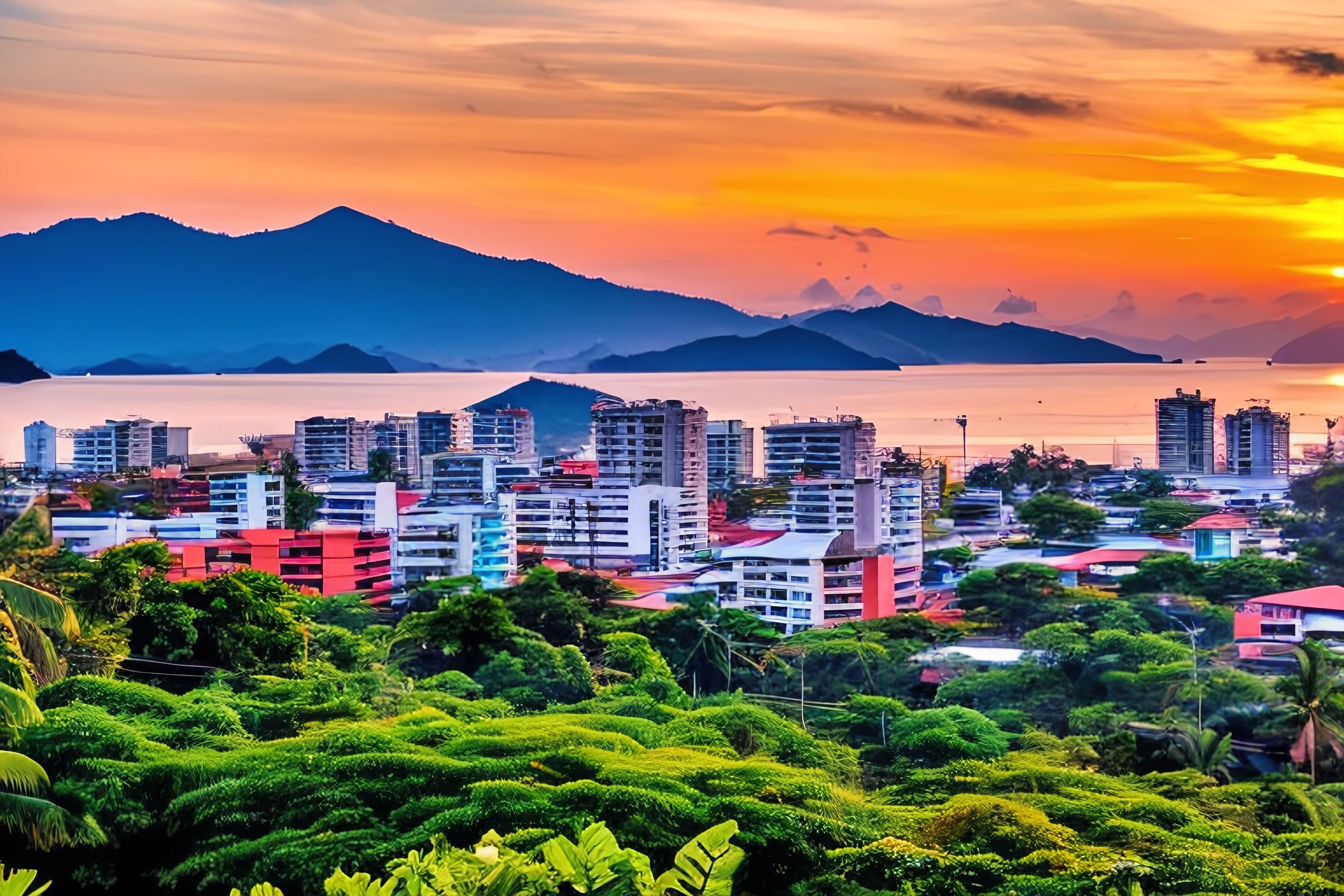 A skyline of East Timor's capital city Dili at sunset.