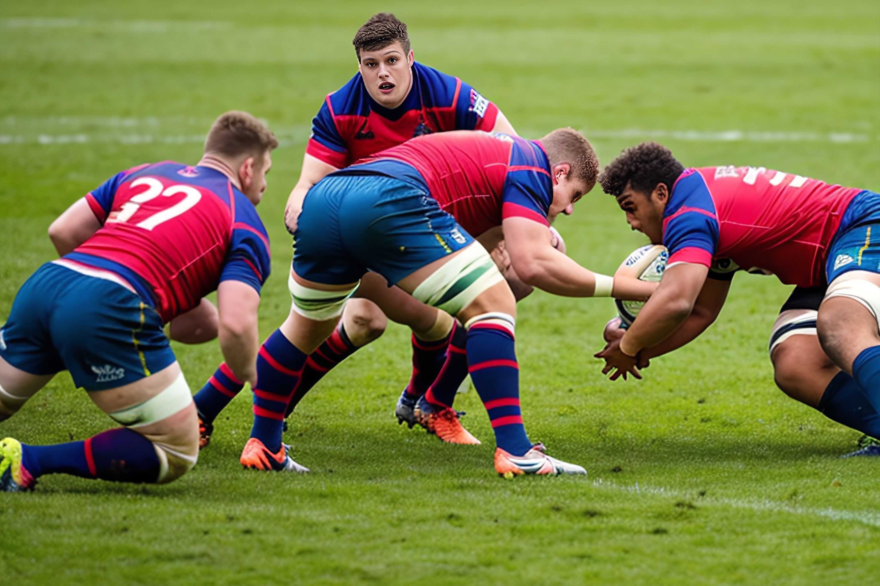 A photograph of a rugby ball and players in action on a field
