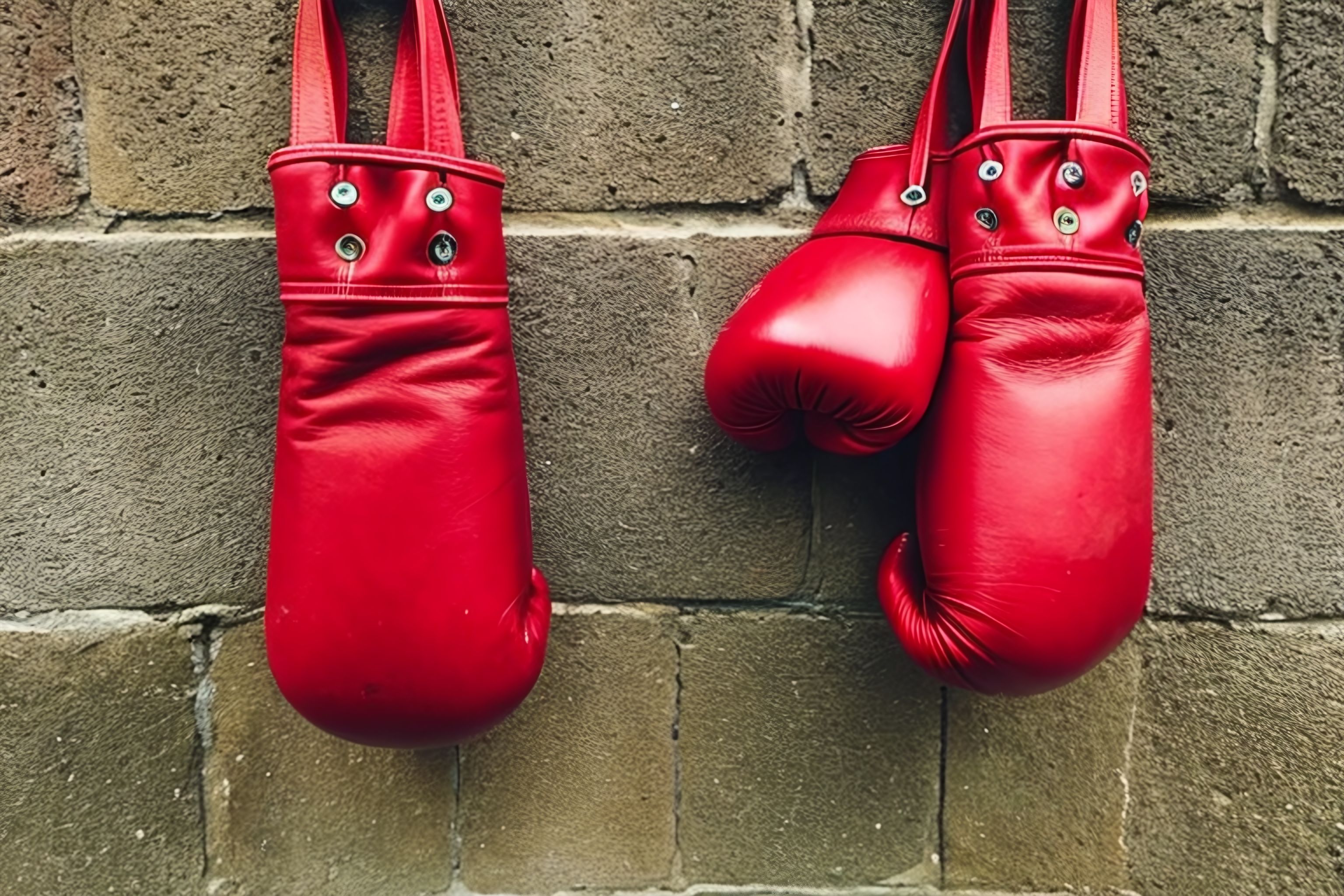 A pair of red boxing gloves hanging on a hook.