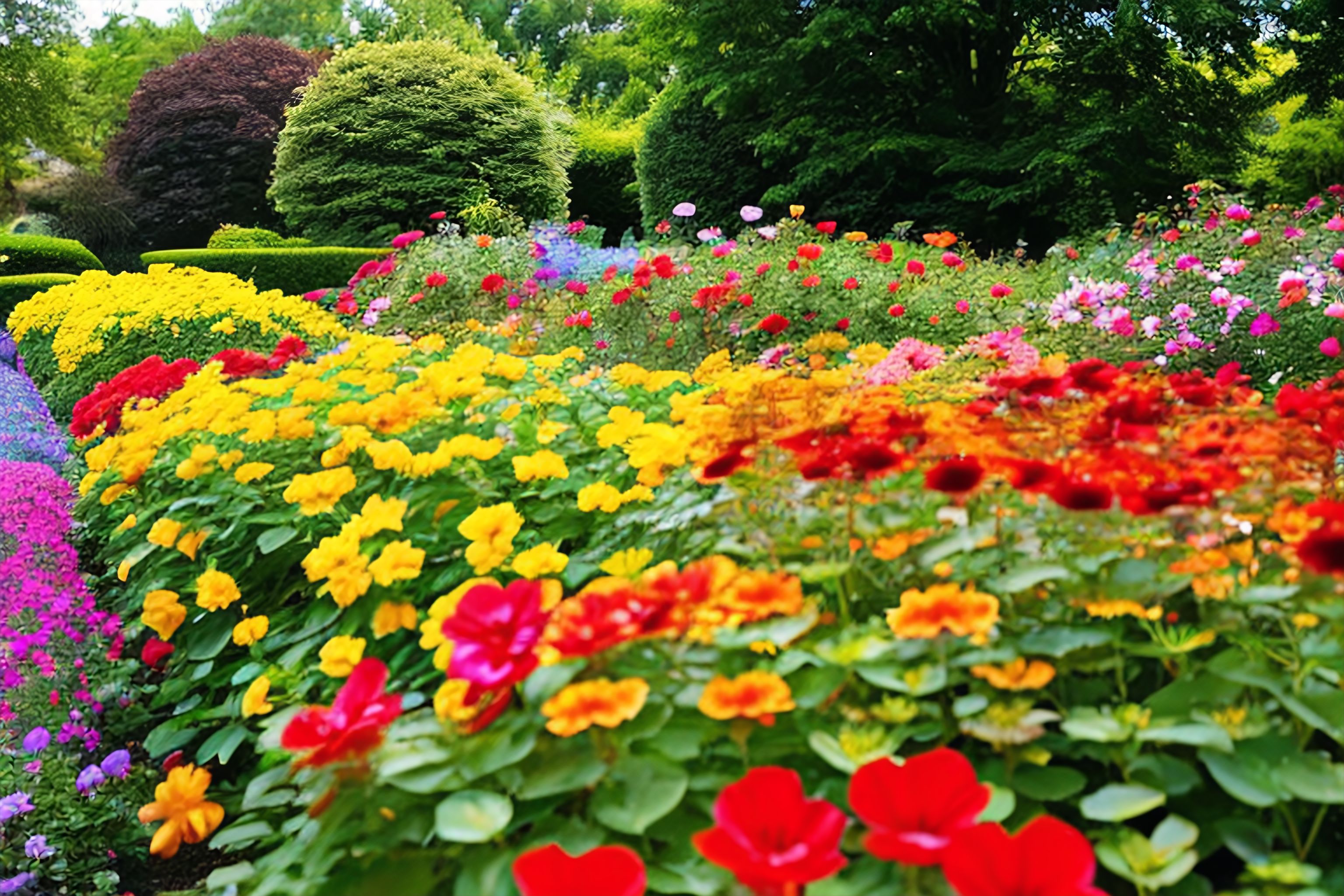 A close-up of colorful flowers blooming in a garden.
