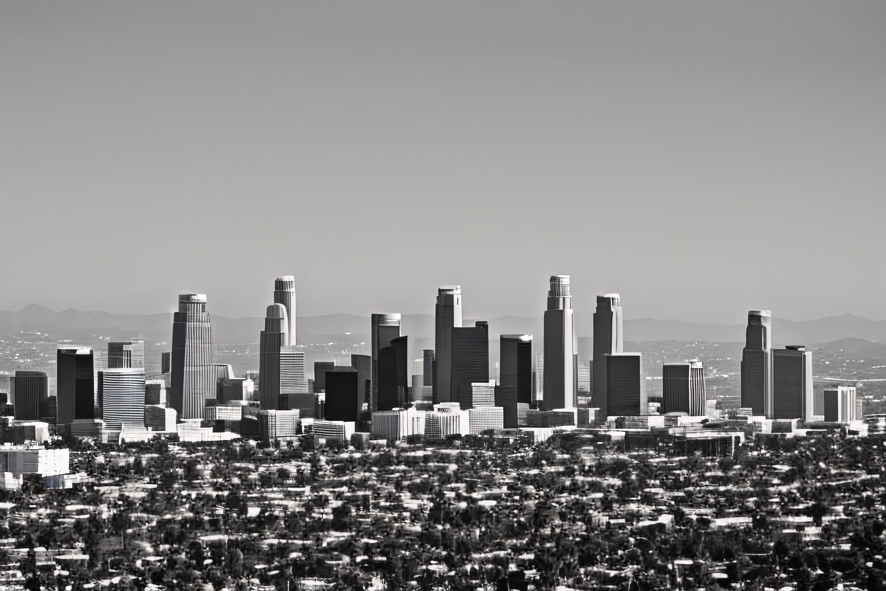 A black and white picture of Los Angeles skyline