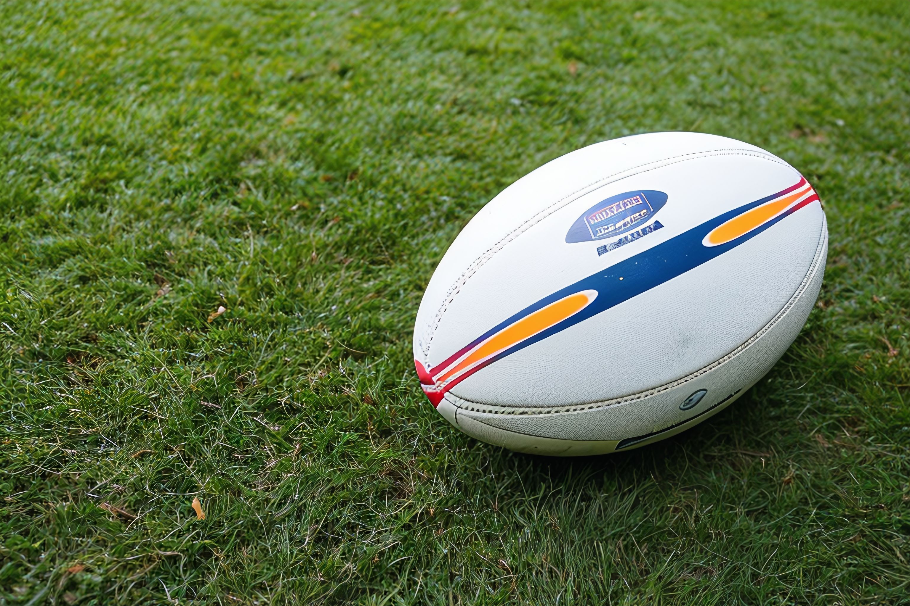 Picture of a rugby ball on the field.