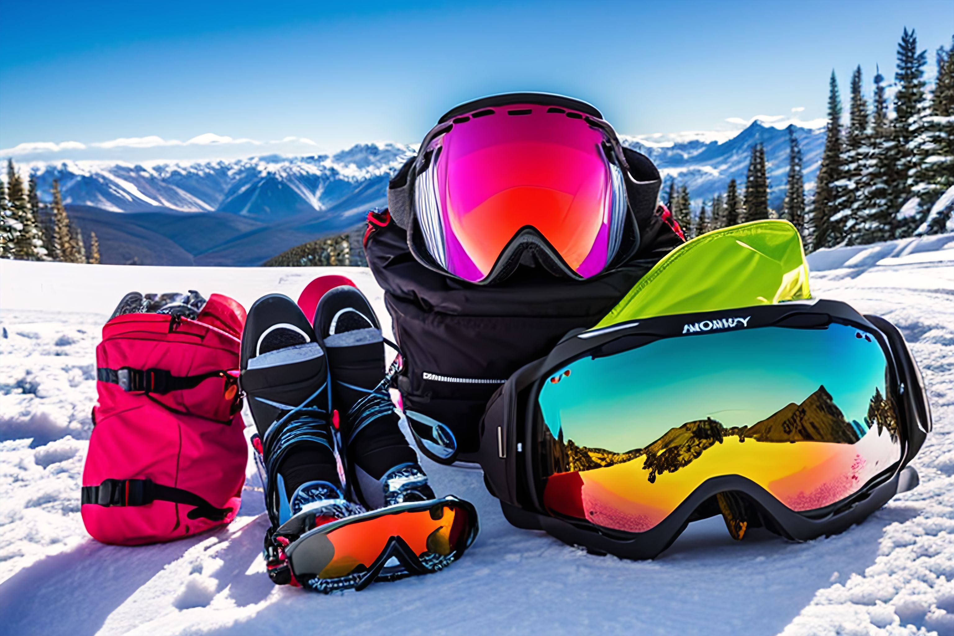 A snowy mountain with a snowboard and snow gear in the foreground.