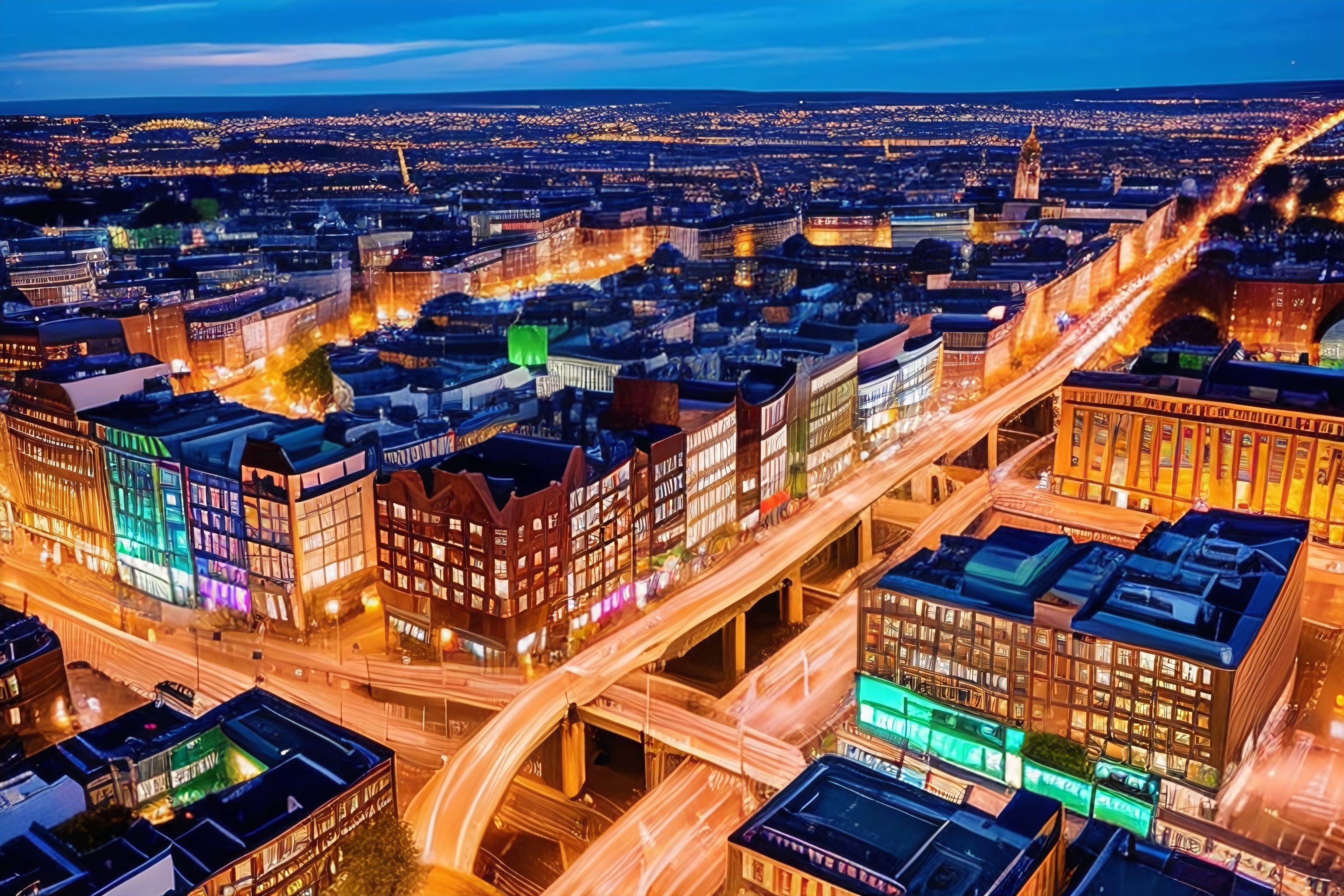 A vibrant photo of downtown Dublin at night.