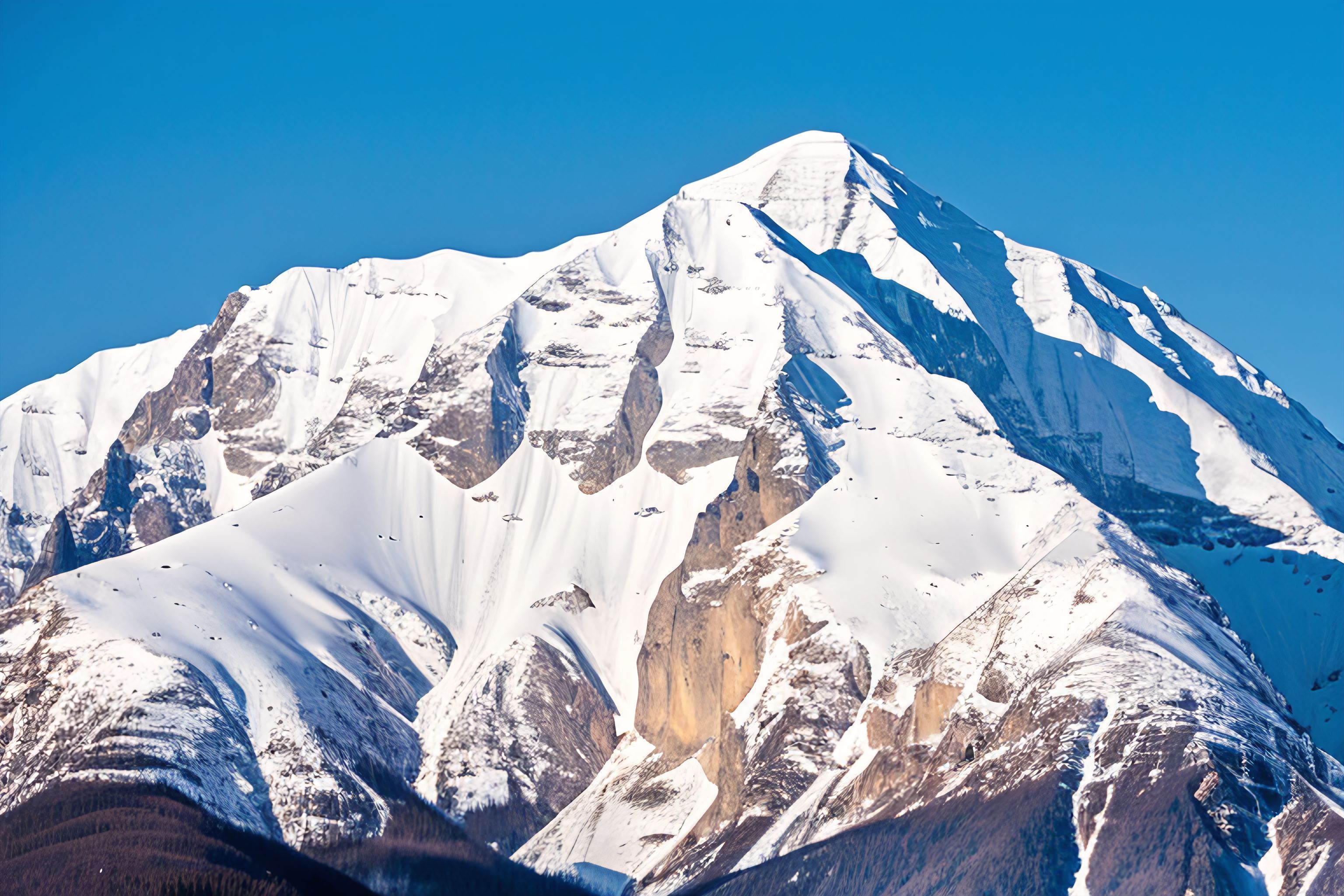 A snow-covered mountain peak, with a single tree standing out against the white landscape.