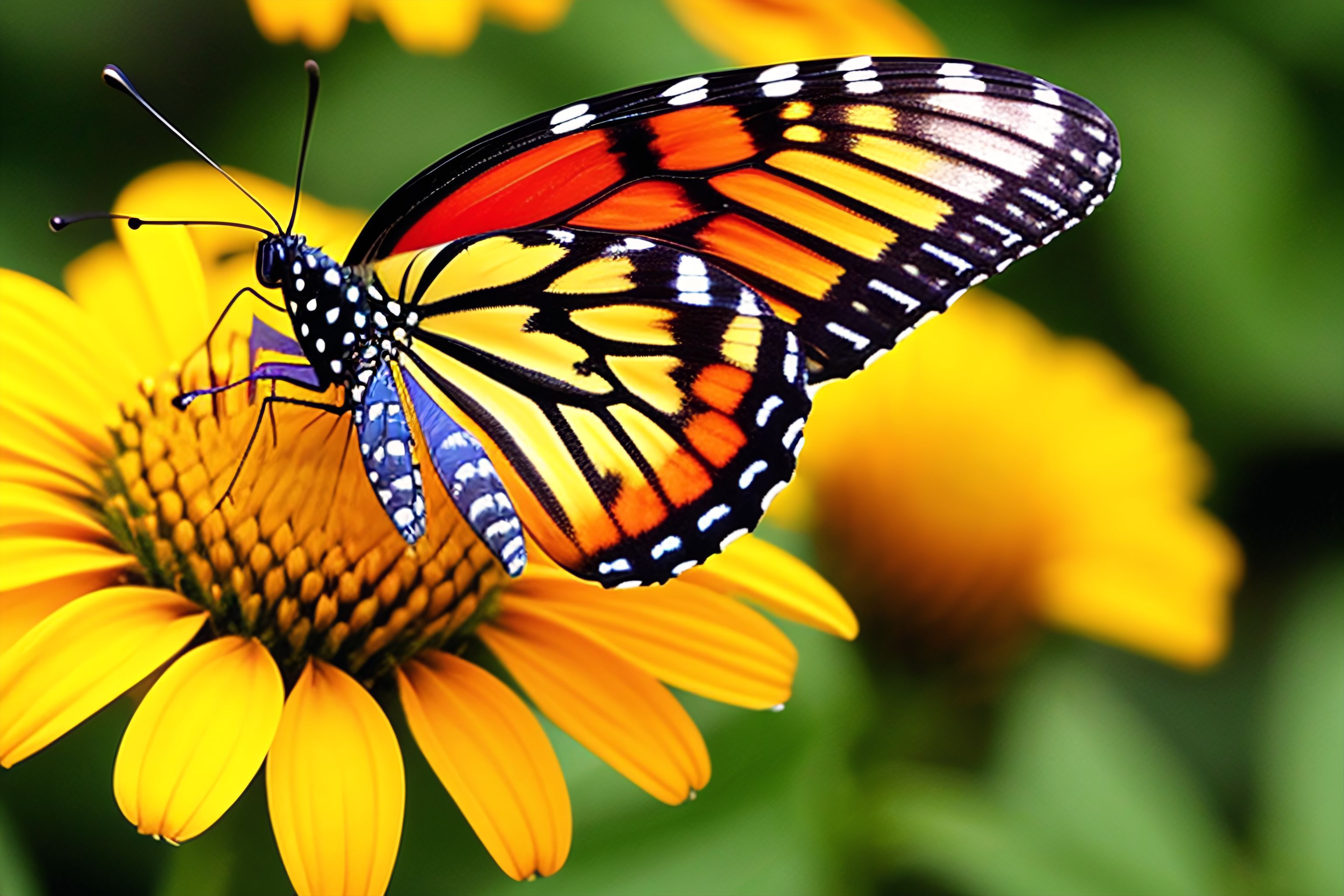 A vibrant butterfly on a bright flower.