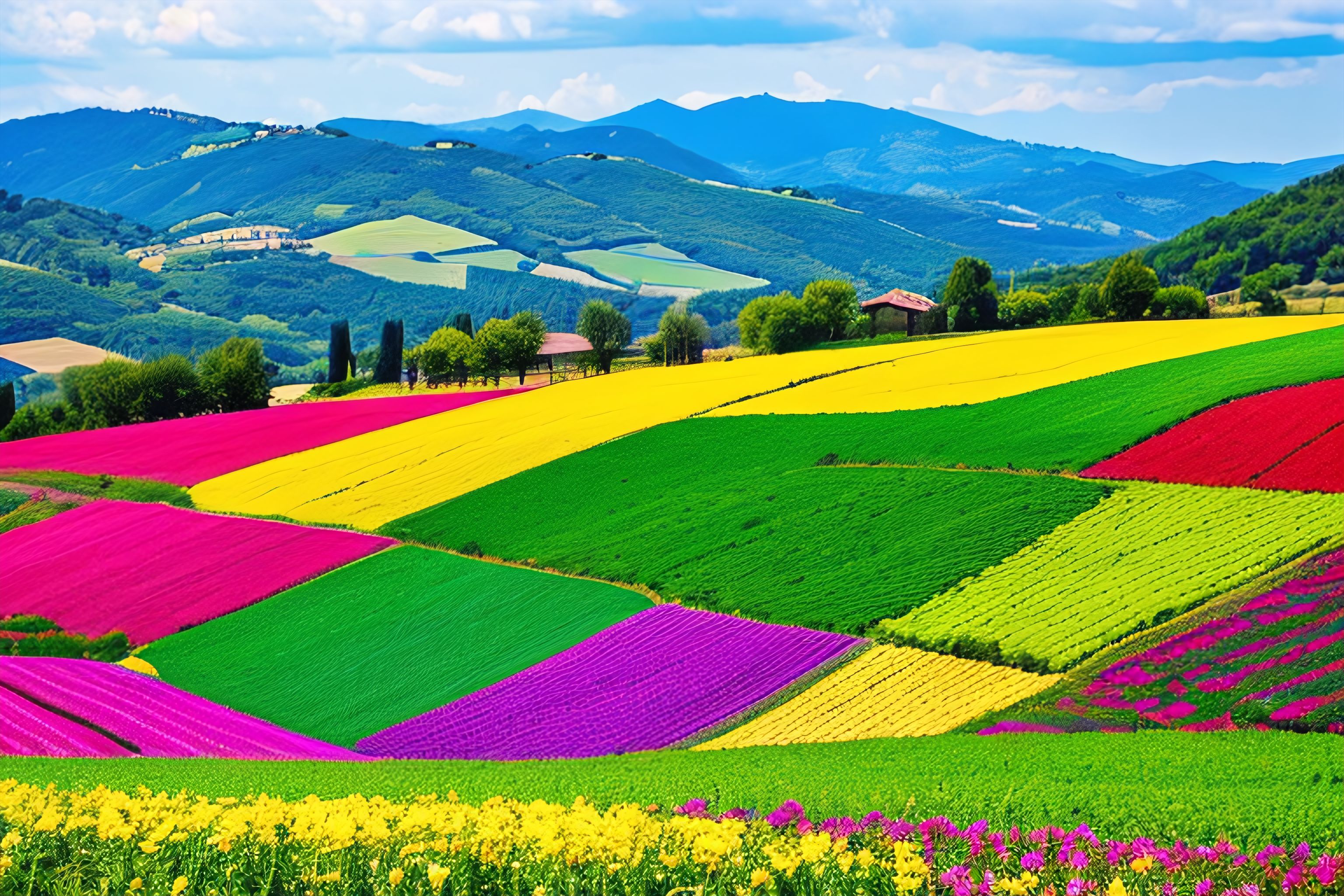 A photo of a vibrant and colorful farm in Italy.