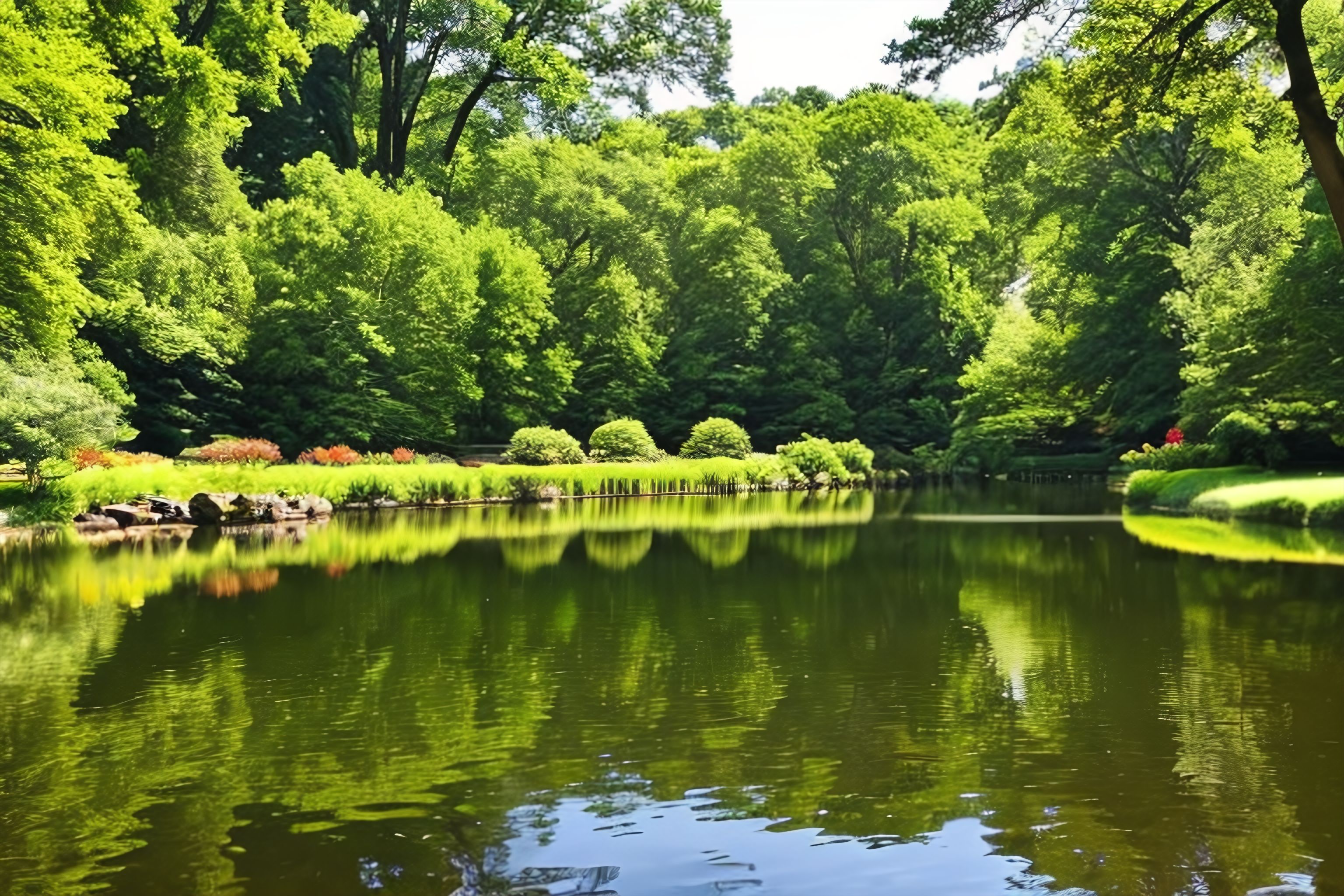 A serene pond surrounded by trees in a park