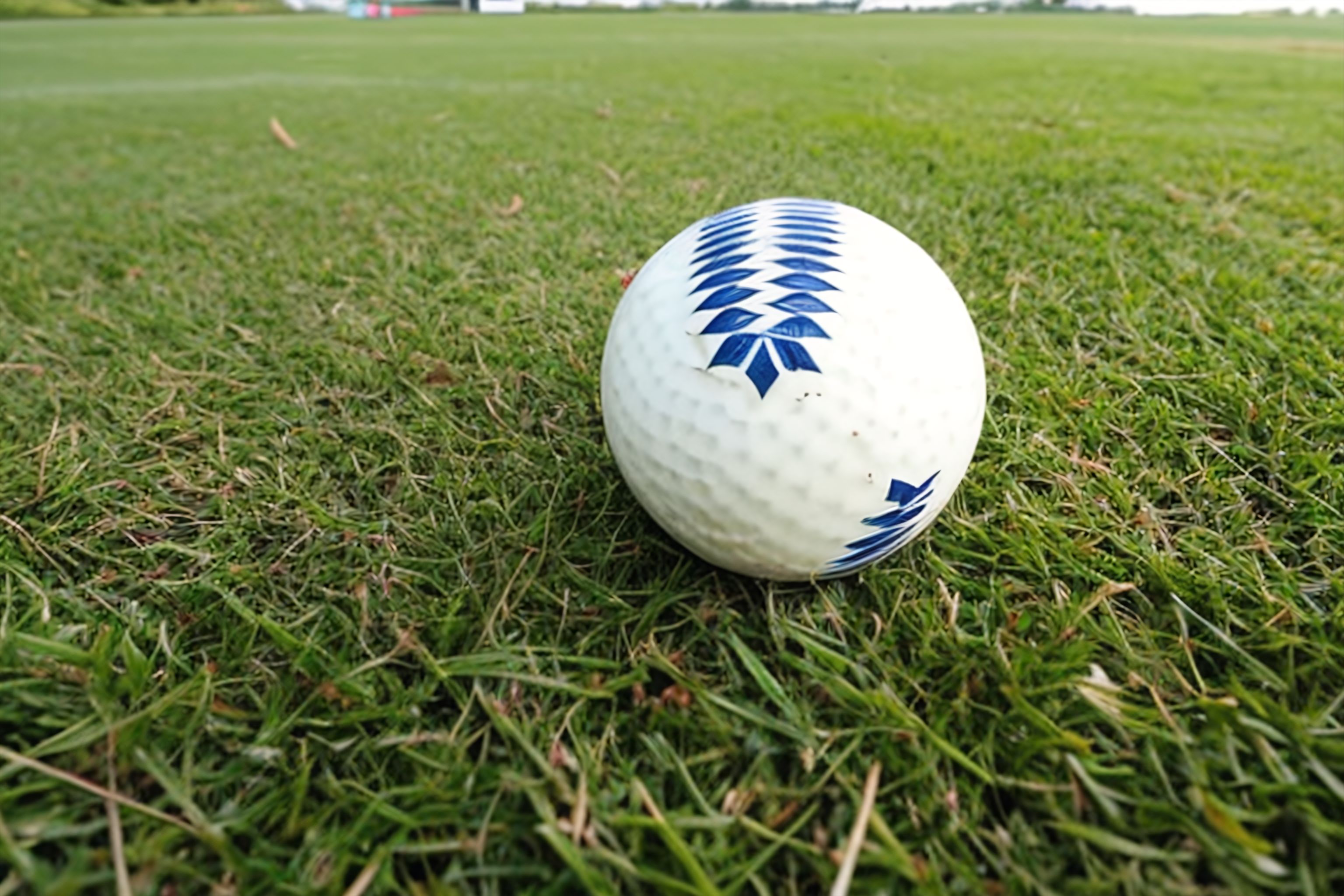 A cricket ball laying in the grass on a cricket field.