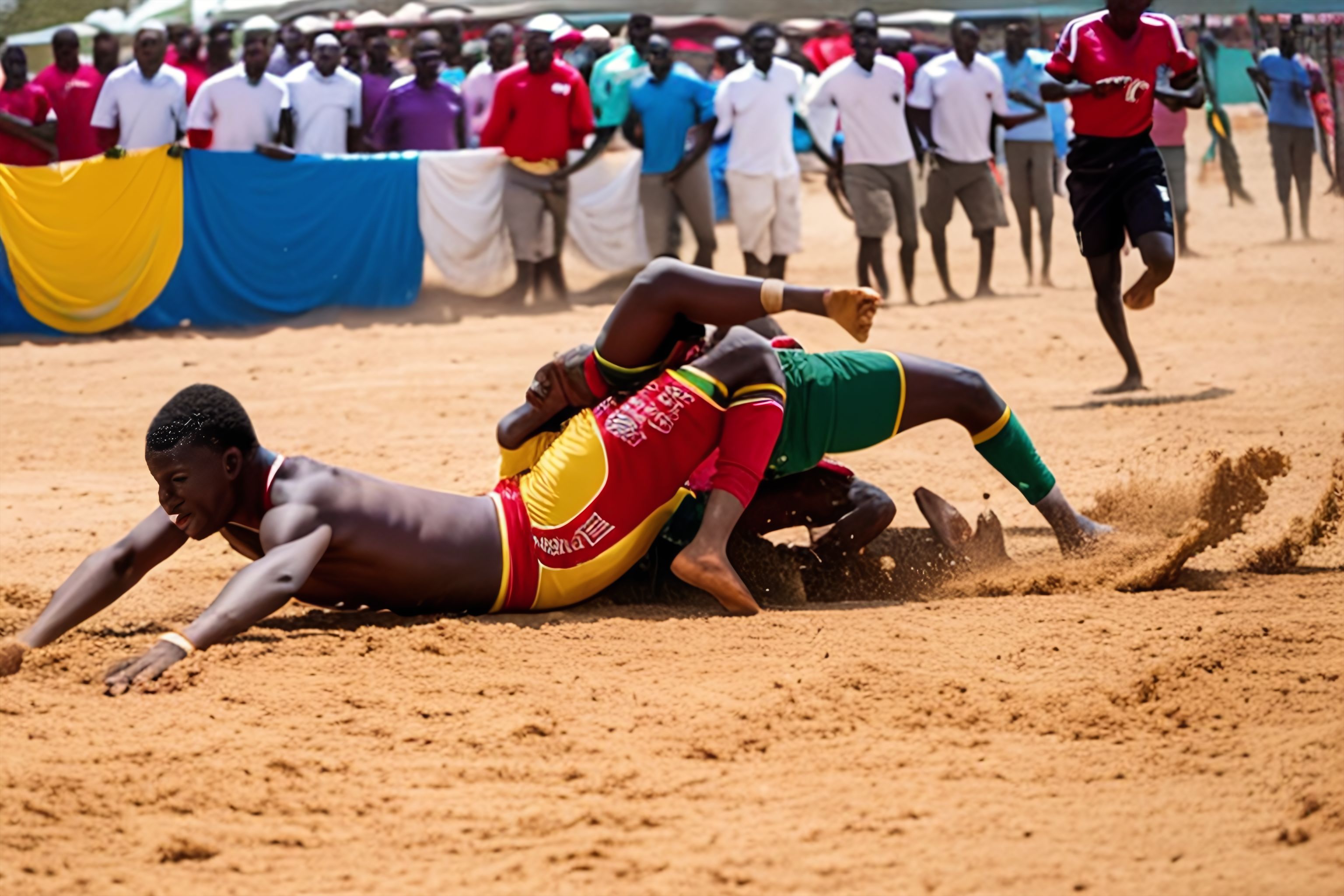A colorful traditional Senegalese wrestling match in a sandy stadium.