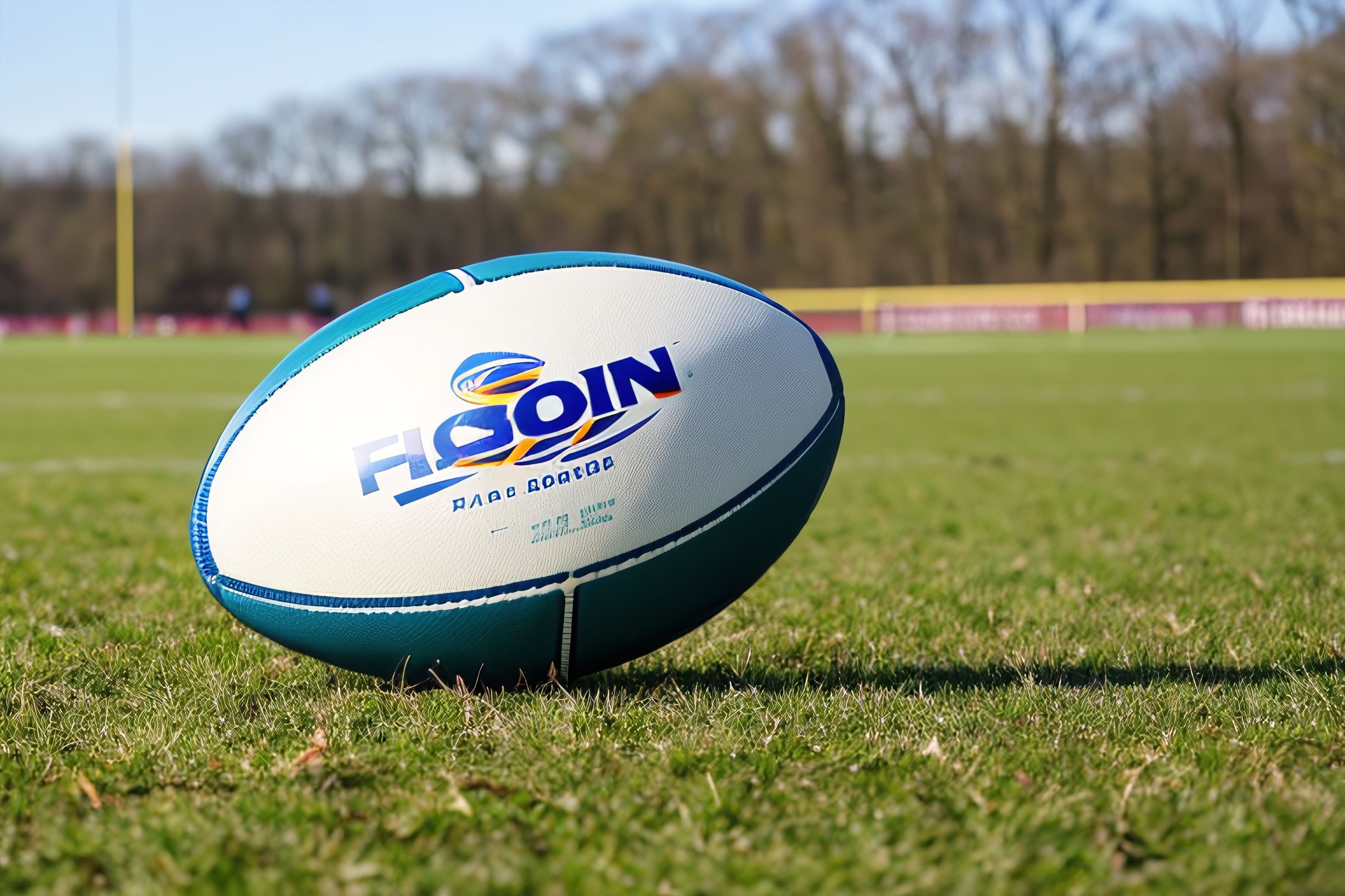 A rugby ball on a field